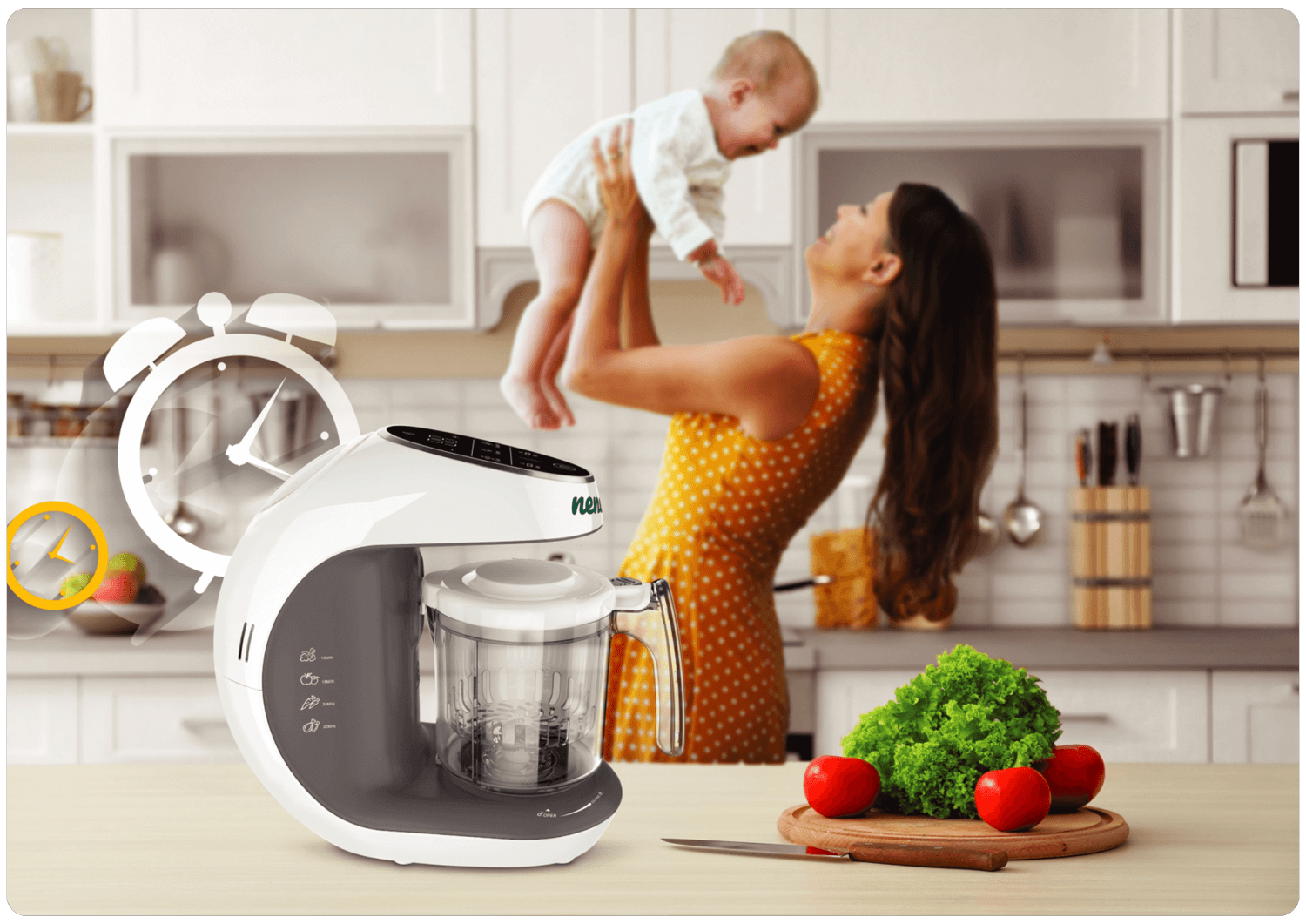 kobieta rozśmierza dziecko w kuchni w tle neno cibo