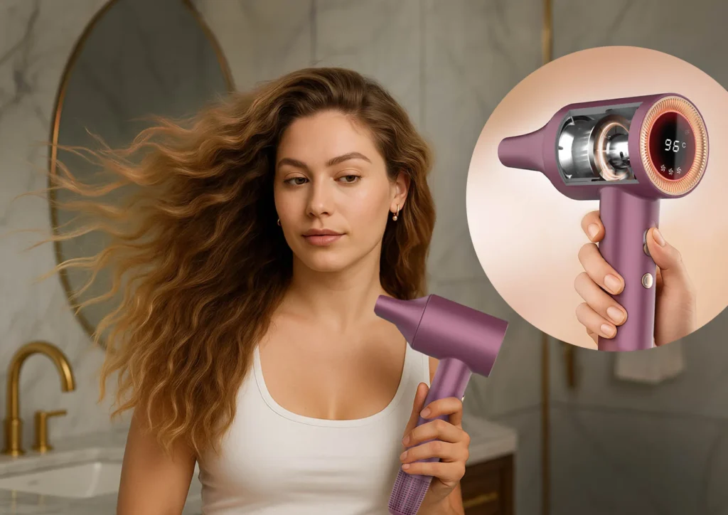 Kobieta suszy długie, falowane włosy fioletową suszarką Neno Beauty z wyświetlaczem 96°C, obok widok wnętrza urządzenia