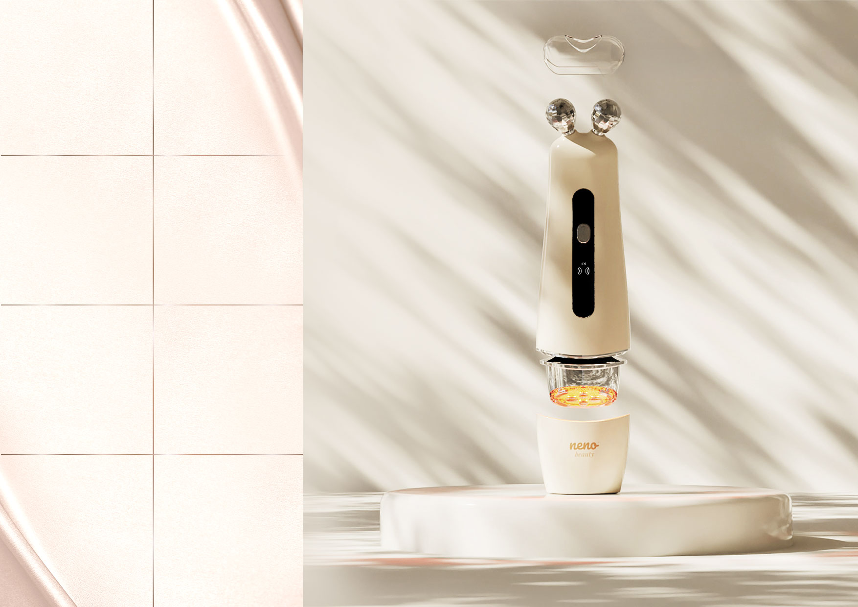 Urządzenie Neno Beauty Algo stojące na podstawce. Po lewej ikony funkcji: 2 głowice masujące, EMS, RF, EMS+RF, timer, pamięć i 3 programy działania.