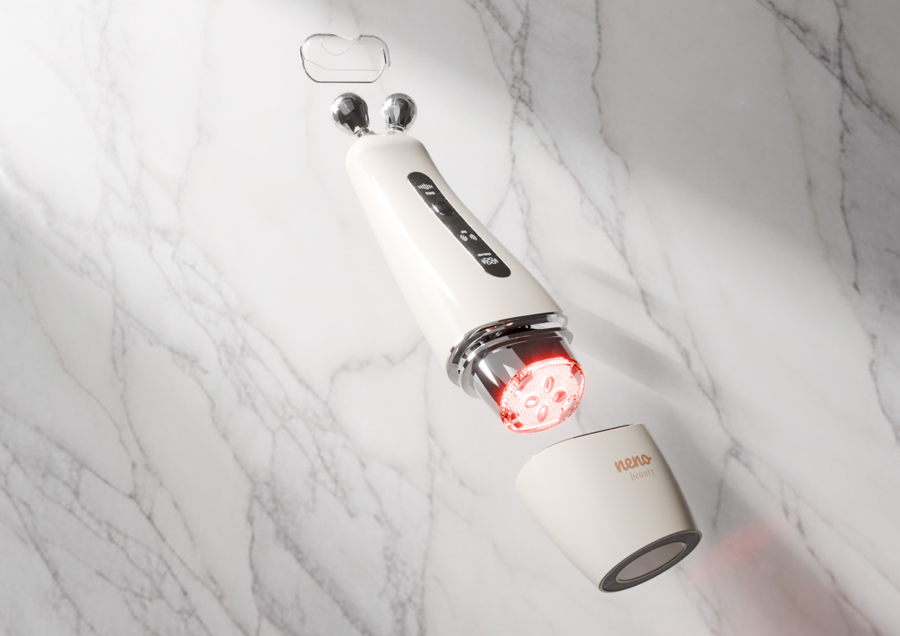 Urządzenie Neno Beauty Algo na tle marmuru z opisanymi funkcjami: głowice diamentowe, technologia EMS, RF, LED, wibracje soniczne, timer i magnetyczna pokrywka.