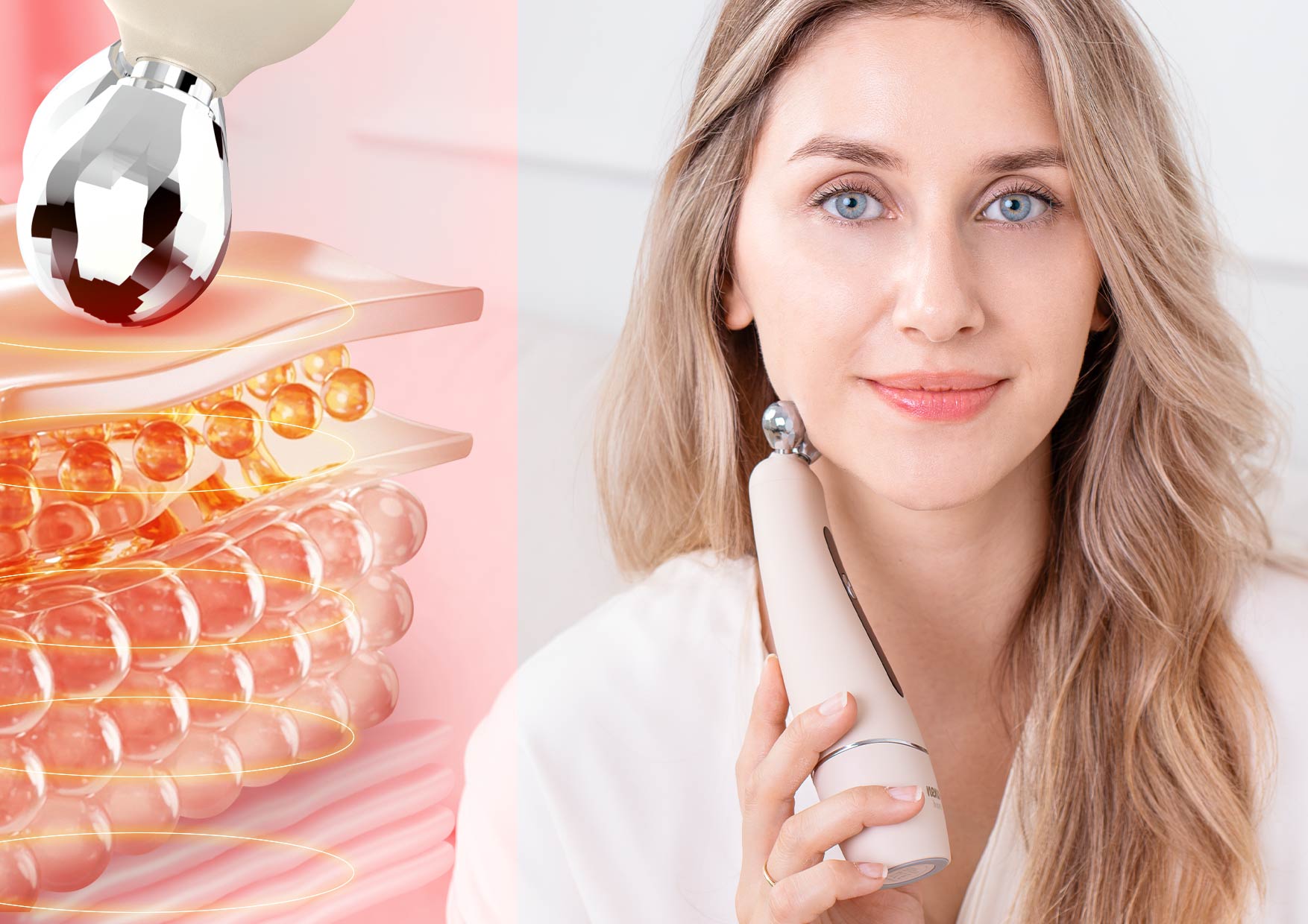 Kobieta trzyma urządzenie Neno Beauty Algo przy twarzy. Po lewej ilustracja warstw skóry i działania EMS. Tekst o elektrostymulacji mięśni twarzy dla poprawy napięcia skóry.