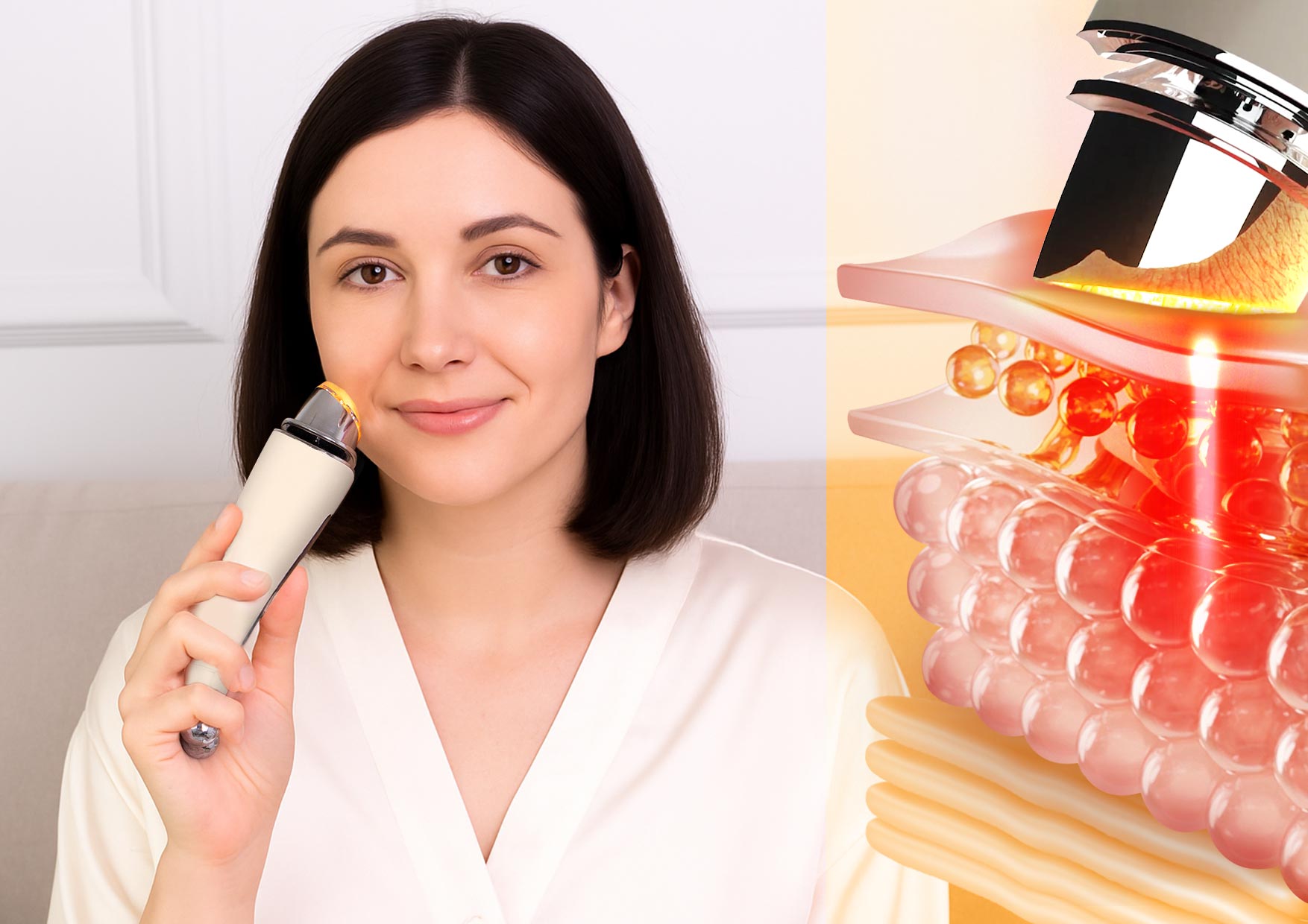 Kobieta używa Neno Beauty Algo z żółtym światłem LED. Po prawej schemat działania fal RF w skórze. Tekst o pobudzaniu kolagenu i regeneracji skóry dzięki technologii RF.