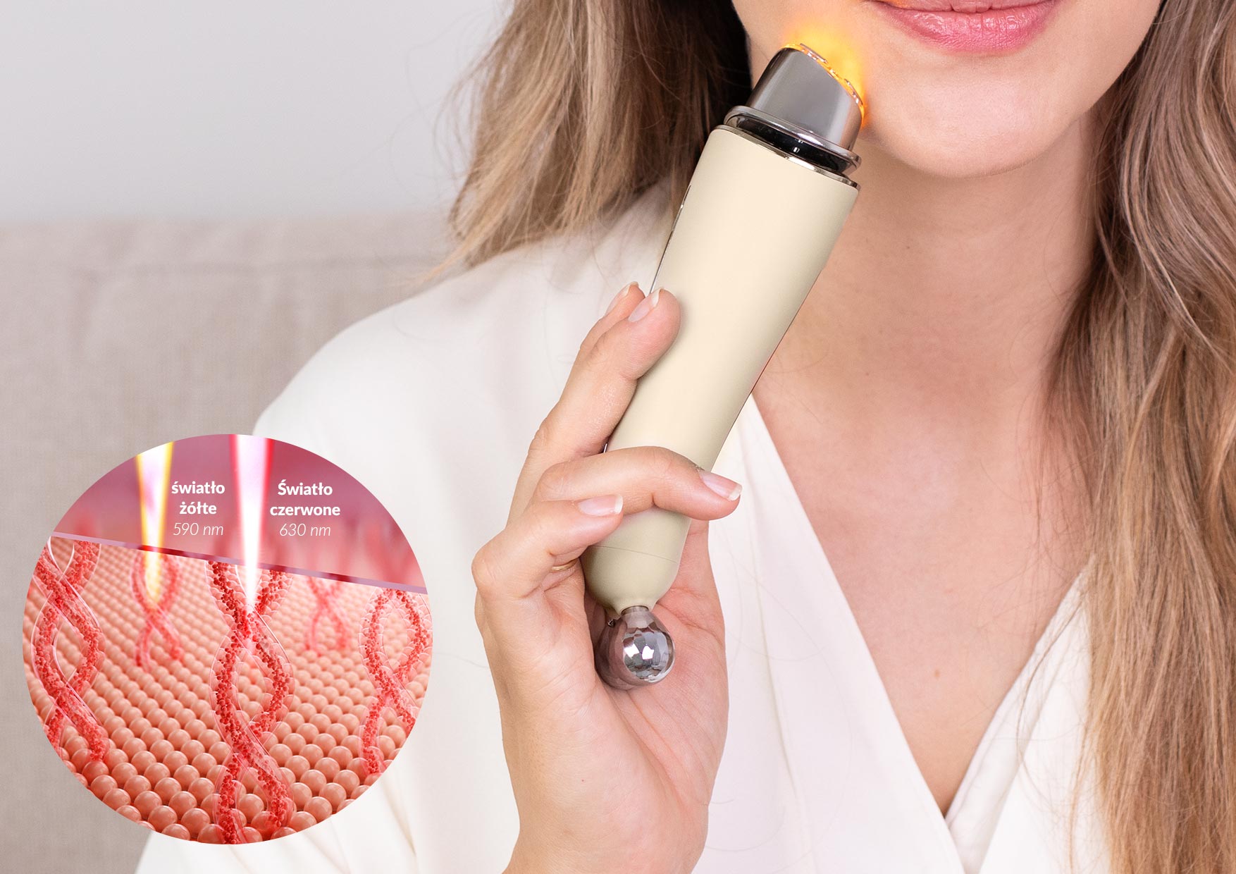 Kobieta przykłada urządzenie z podświetleniem LED do twarzy. Po lewej grafika czerwonego i żółtego światła. Tekst o terapii światłem LED i ich właściwościach regenerujących.