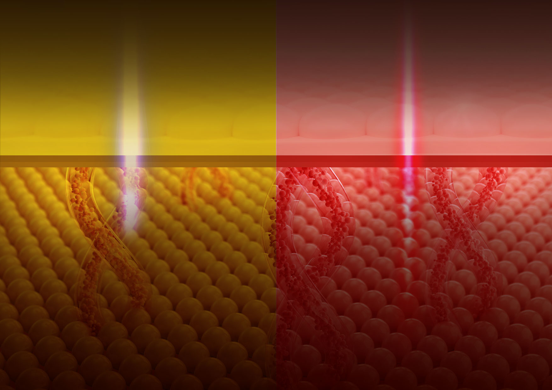 Podzielony obraz: po lewej światło żółte 590 nm, po prawej czerwone 630 nm. Tekst o działaniu obu długości fal na koloryt, mikrokrążenie i elastyczność skóry.