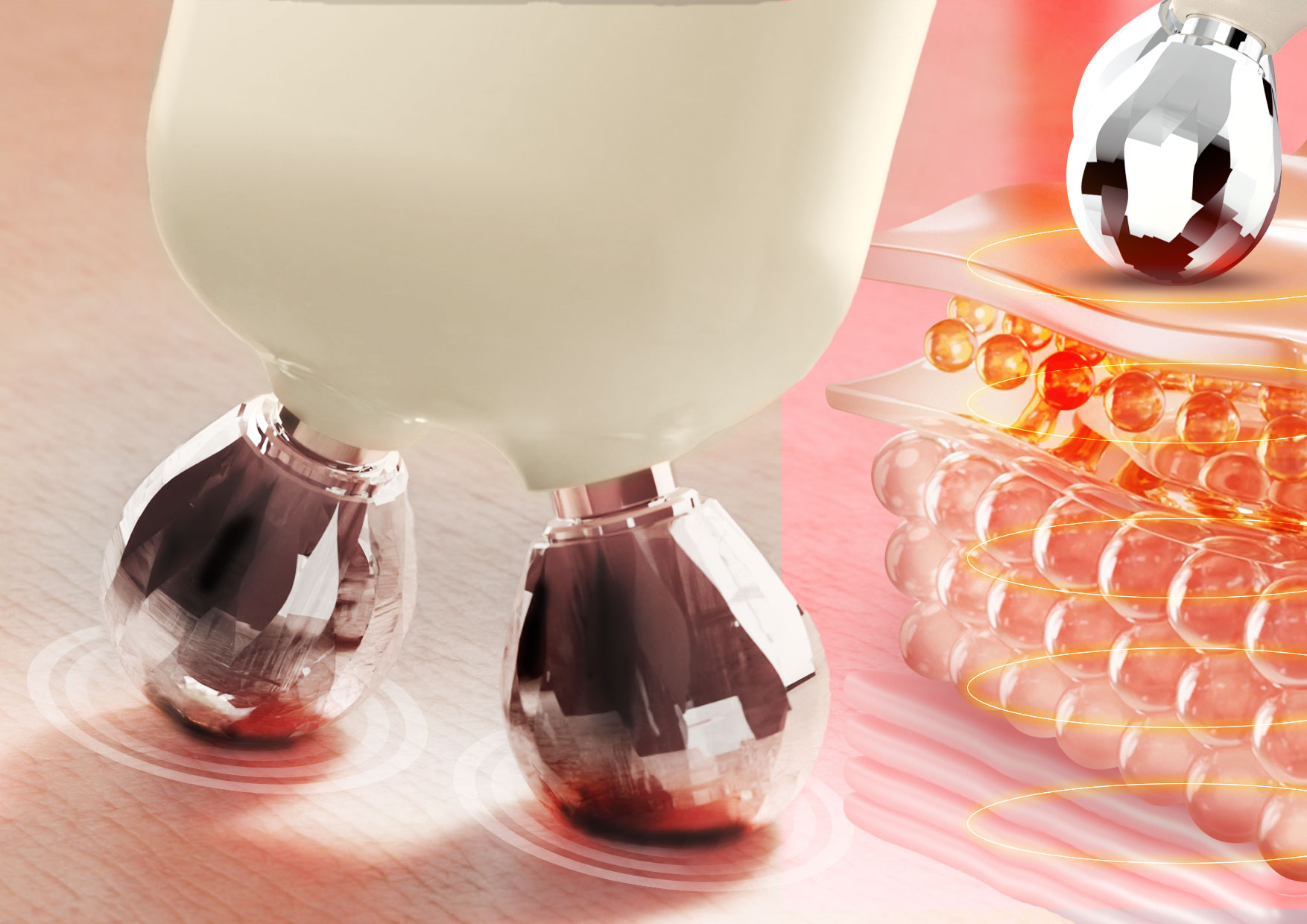 Zbliżenie na diamentowe głowice urządzenia masujące warstwy skóry. Tekst o trybie EMS z głowicami diamentowymi poprawiającym kontur i jędrność twarzy.