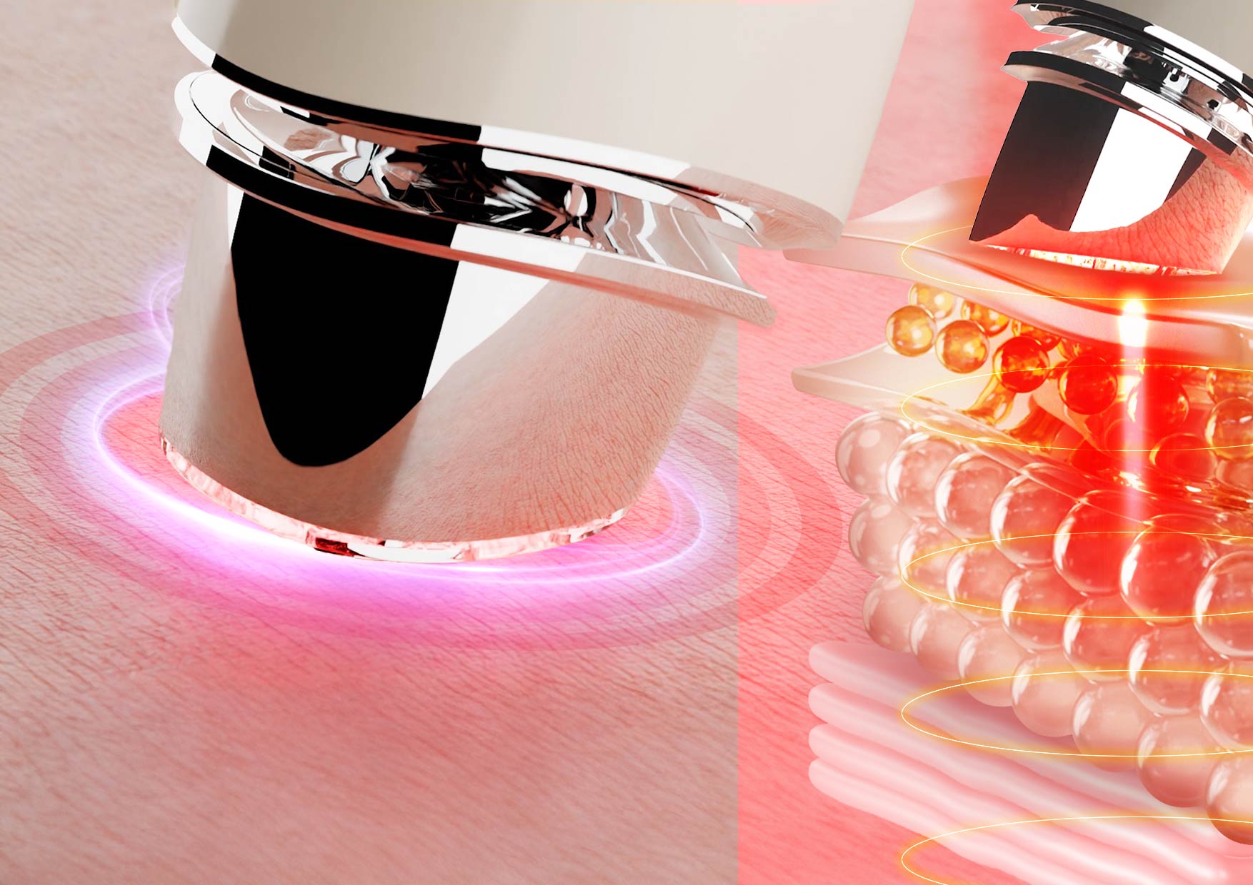 Zbliżenie na płaską końcówkę urządzenia emitującą czerwone światło LED. Tekst o trybie EMS + RF + LED intensywnie regenerującym i ujędrniającym skórę.