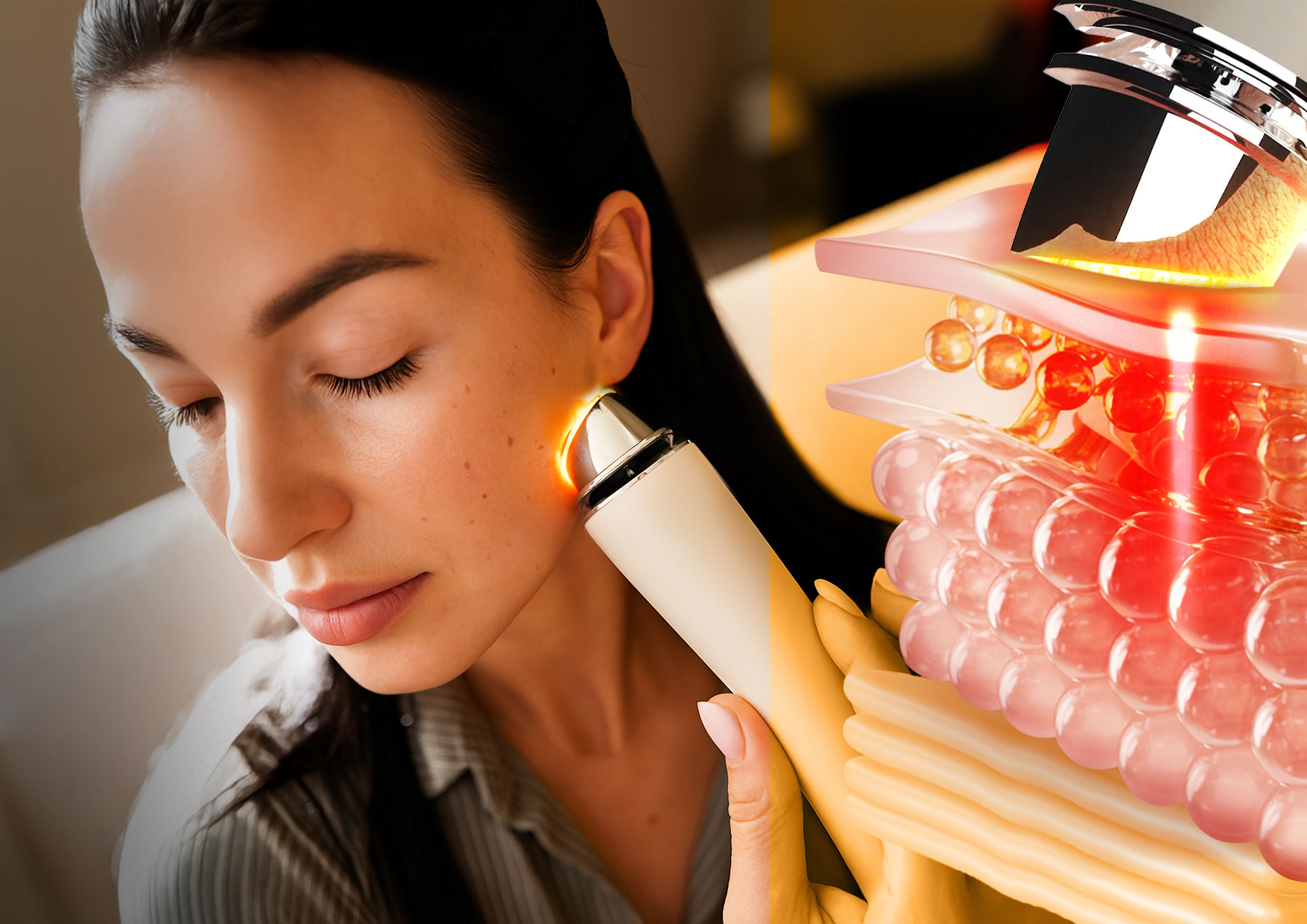 Kobieta używa urządzenia przy policzku z żółtym światłem LED. Po prawej schemat działania fal RF. Tekst o trybie RF + żółte światło LED dla rewitalizacji skóry.