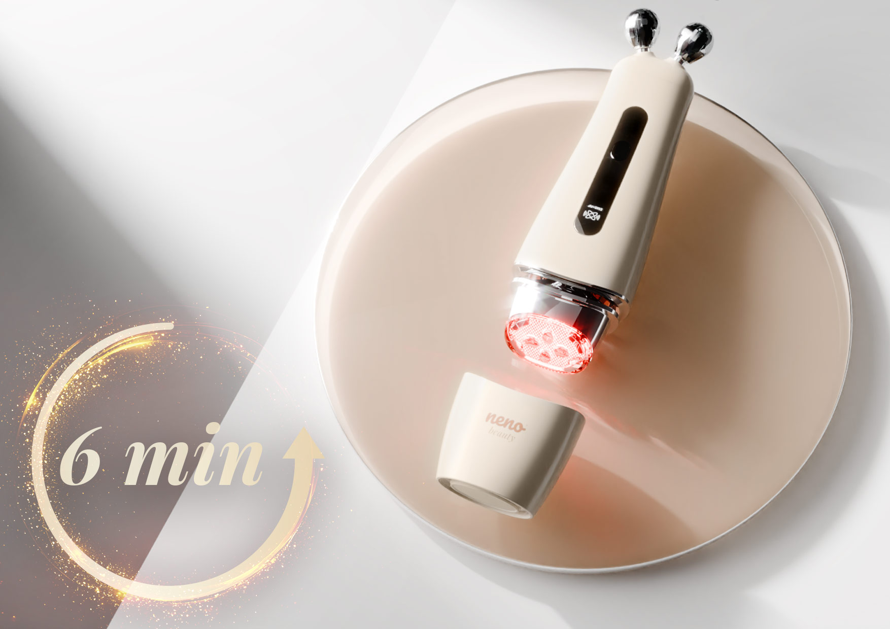 Urządzenie Neno Beauty Algo stoi przy umywalce. Tekst o zasadach higieny, bezpieczeństwa i przeciwwskazaniach, w tym o czyszczeniu głowic i unikaniu implantów.