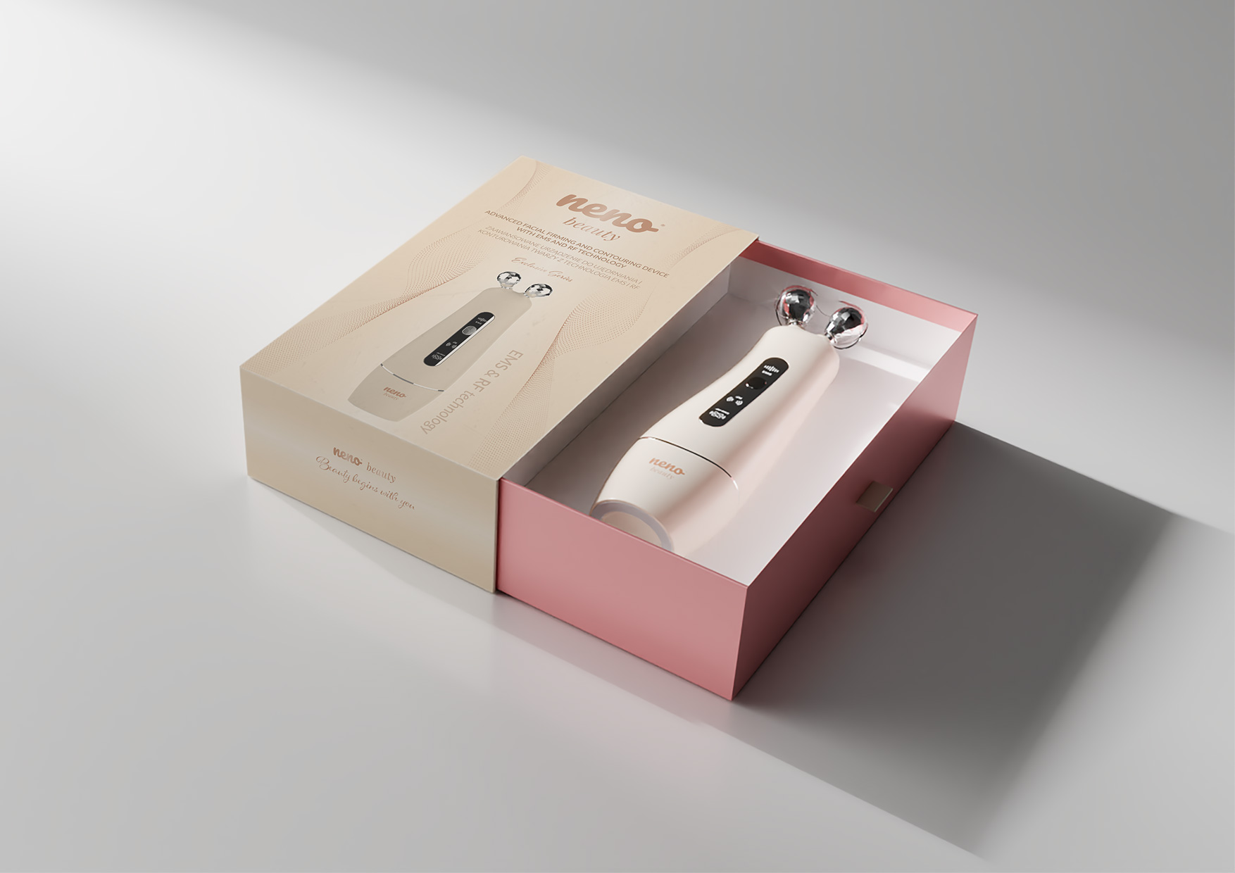 Urządzenie Neno Beauty Algo w eleganckim pudełku z danymi technicznymi, informacjami producenta i nagrodami dla marki KGK Trend – właściciela Neno.