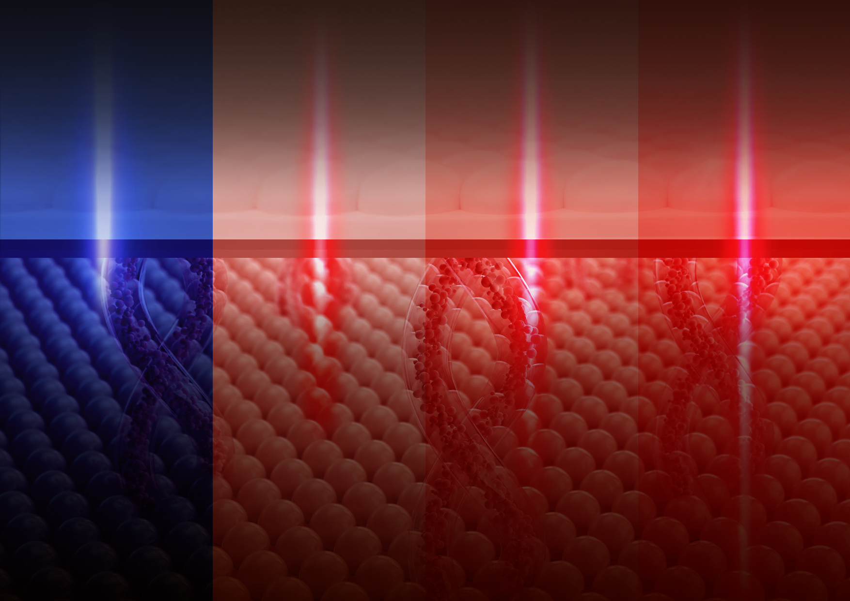 Infografika z czterema rodzajami światła LED: niebieskim, czerwonym, głębokiej czerwieni i bliskiej podczerwieni. Kolorowe pasma przedstawiają działanie fal o długościach 470–850 nm.