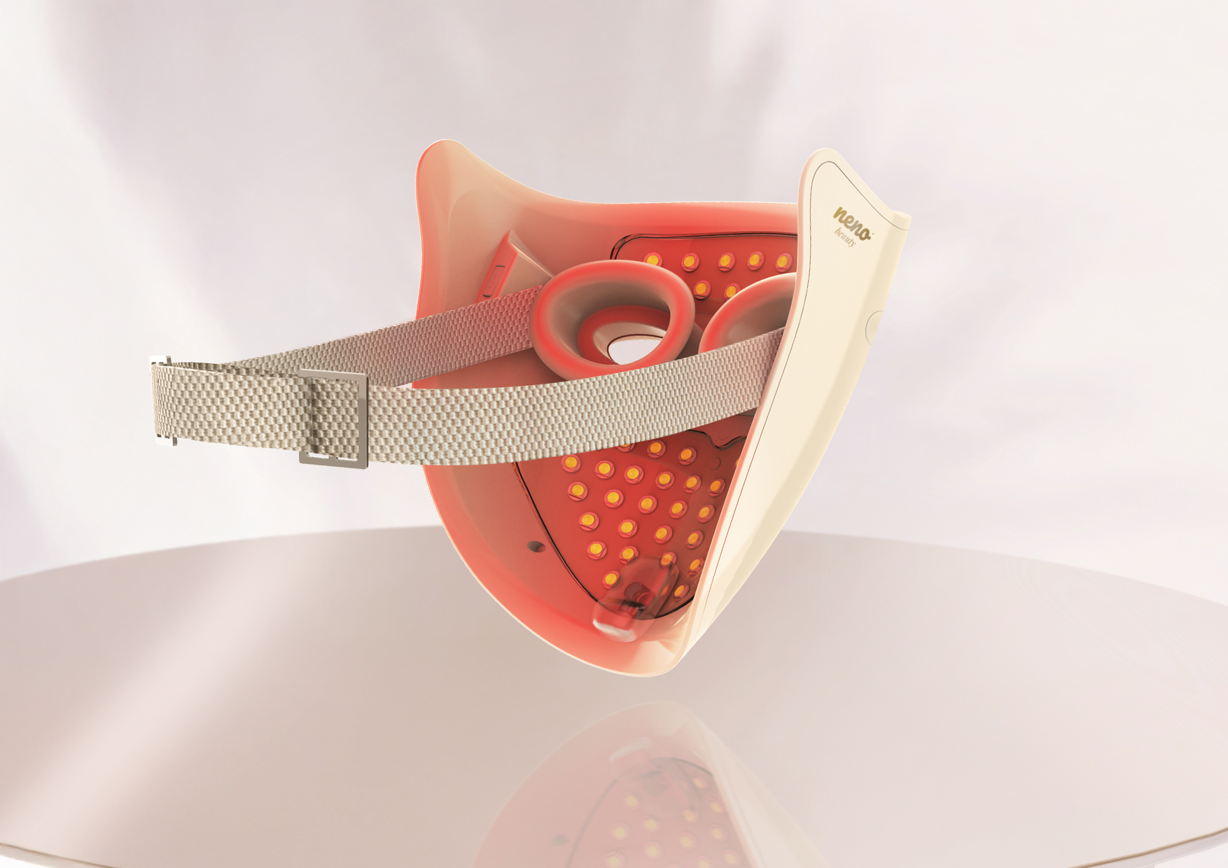 Maska Neno Beauty Alva od wewnątrz z widocznymi diodami LED i paskiem mocującym. Opis funkcji: 3 programy terapii, timer 10 min, 220 diod, pełne pokrycie twarzy, działanie bezprzewodowe.