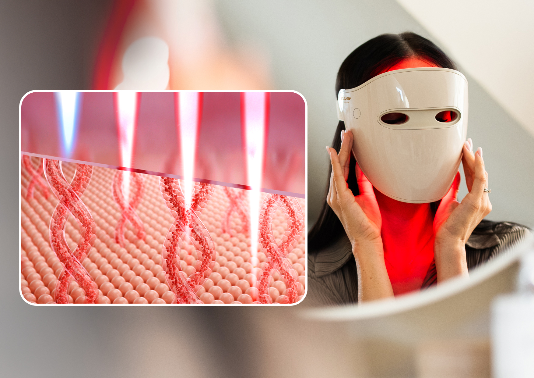 Kobieta wykonuje zabieg z czerwoną poświatą maski Neno Beauty Alva. Obok wizualizacja fal świetlnych w odcieniach czerwieni i opis czterech długości fal dopasowanych do skóry.