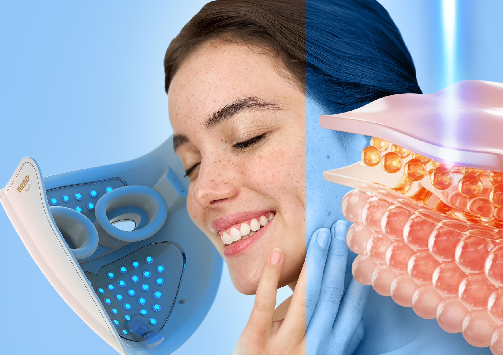 Uśmiechnięta kobieta z maską LED świecącą na niebiesko. Po prawej grafika komórek skóry. Tekst o trybie regeneracyjnym wspomagającym odnowę skóry i działaniu antybakteryjnym światła 470 nm.