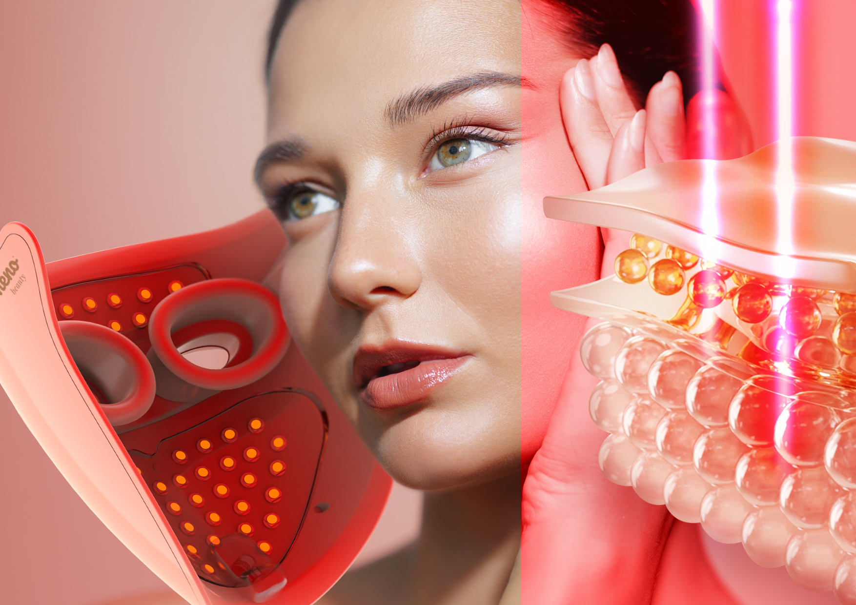 Kobieta w świetle czerwonym używa maski LED. Po prawej wizualizacja działania światła czerwonego i głębokiej czerwieni. Opis trybu rozświetlającego poprawiającego koloryt i elastyczność.