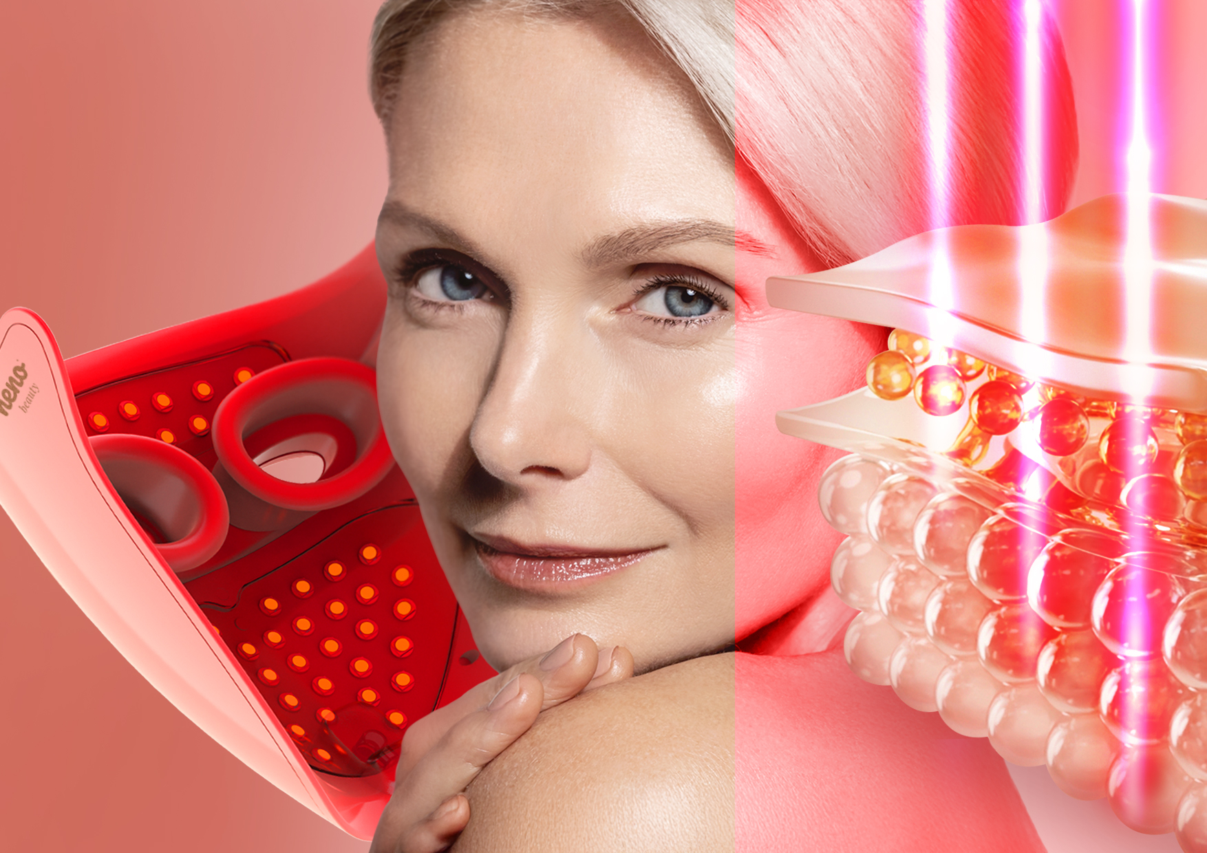 Kobieta dojrzała w czerwonym świetle maski Neno Beauty Alva. Po prawej schemat działania światła LED w głębszych warstwach skóry. Opis trybu przeciwstarzeniowego redukującego zmarszczki.