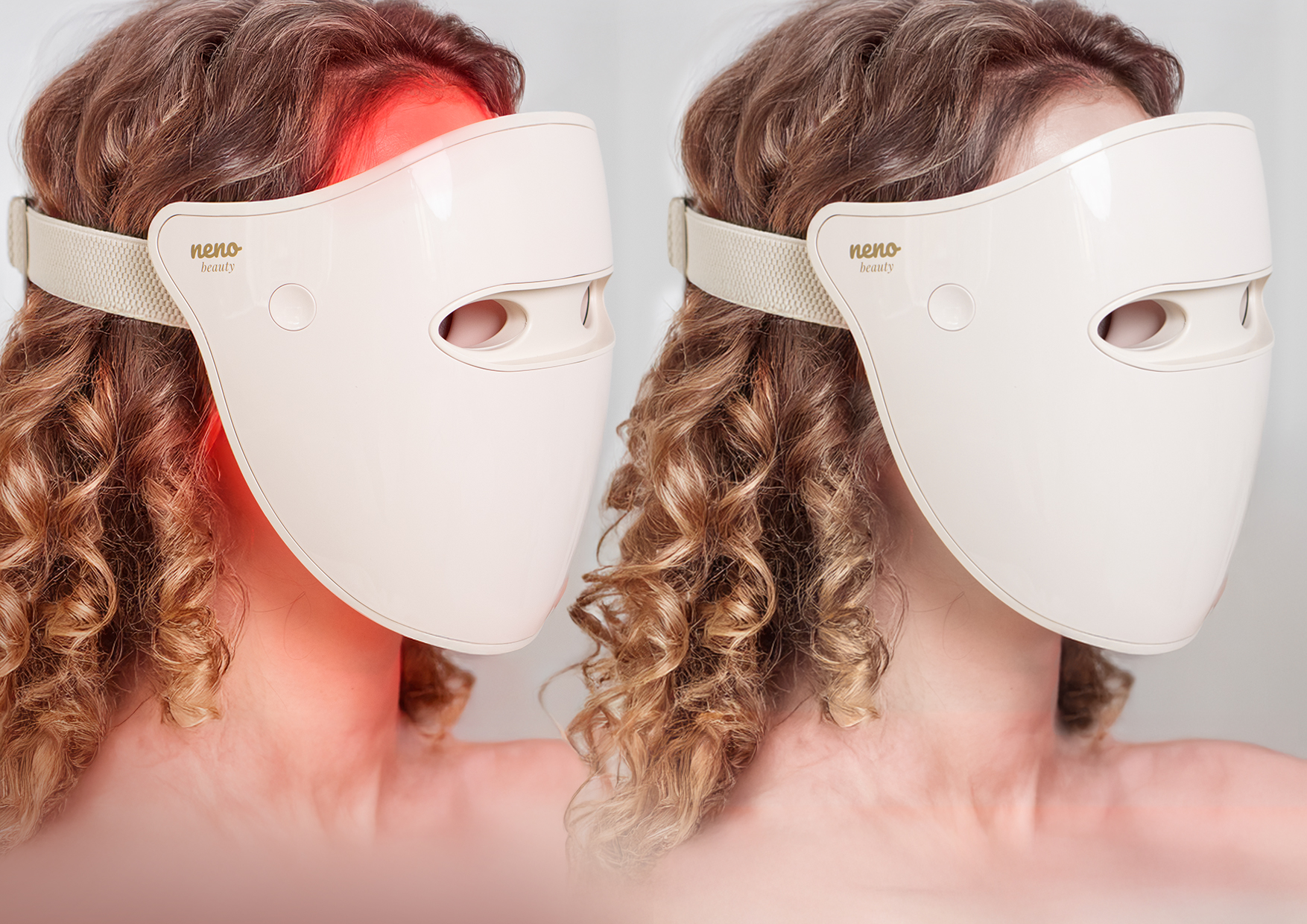 Dwie kobiety z maską Neno Beauty Alva – jedna w trakcie zabiegu z czerwonym światłem, druga po zakończeniu. Grafika zegara z napisem „10 min”. Opis automatycznego timera.