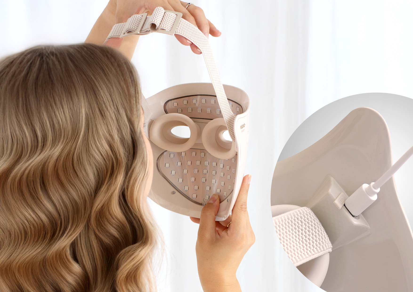 Kobieta trzyma maskę Neno Beauty Alva za pasek. Widać wnętrze z diodami LED i złącze USB-C. Opis działania bezprzewodowego i ładowania maski kablem USB-C.