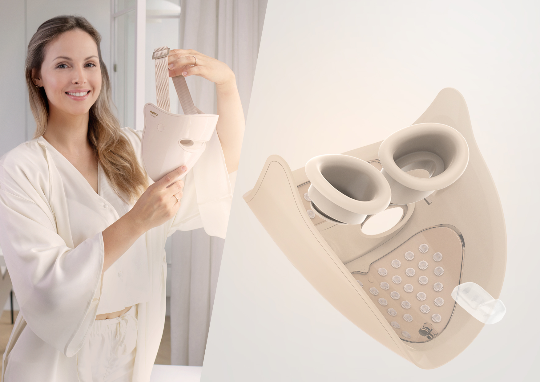 Kobieta w szlafroku trzyma maskę LED obok twarzy. Po prawej wizualizacja konstrukcji: elastyczna opaska, silikon przy oczach i wspornik podbródka zapewniający stabilność.