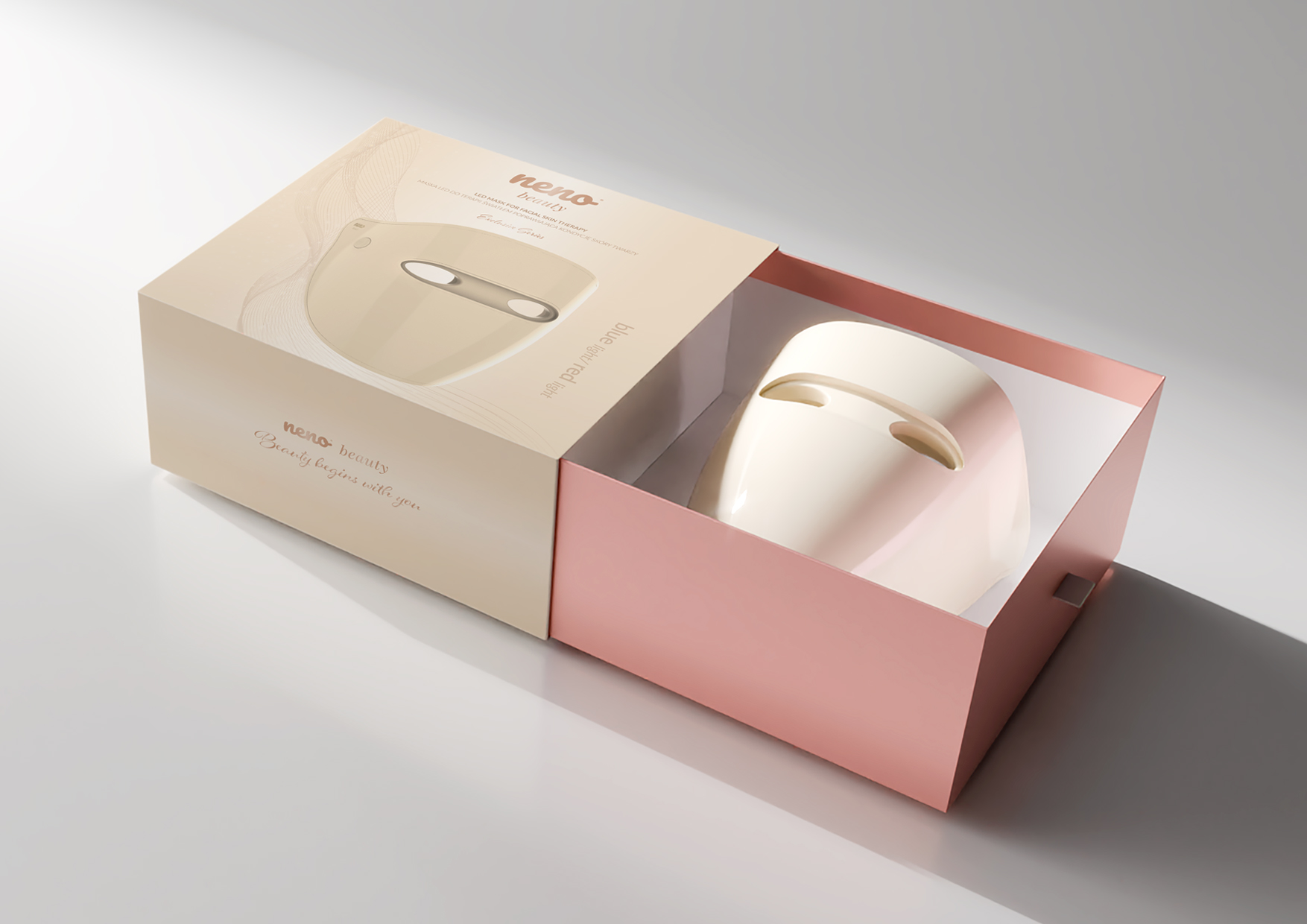 Maska LED Neno Beauty Alva w otwartym pudełku z logo. Po lewej dane techniczne: 5V, 6W, 1000mAh, timer 10 min. Wymienione elementy zestawu i kontakt z producentem.