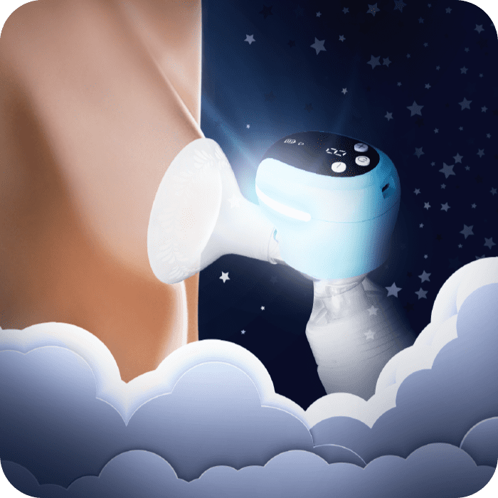 neno angelo breast pump, woman's breast and in the background clouds and background with stars