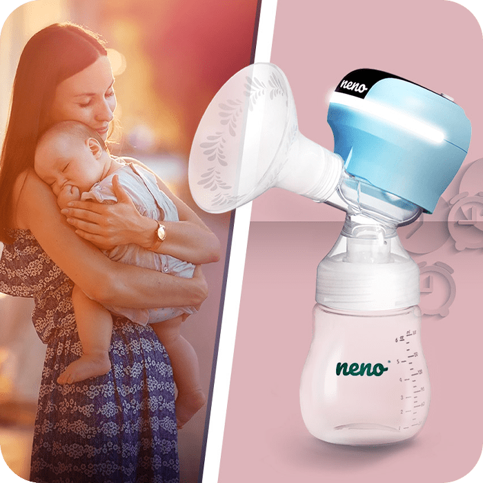 woman holding baby in her arms and neno angelo breast pump