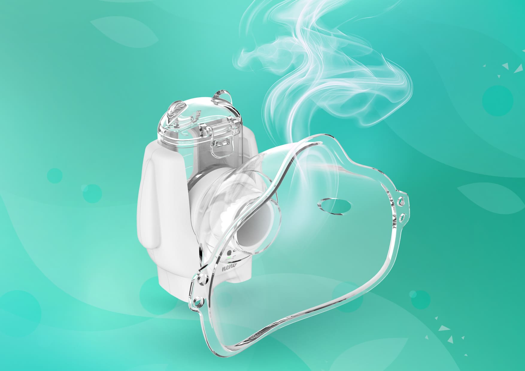 Nebulizator Neno Atemo z maseczką emitujący delikatną mgiełkę na tle turkusowym.