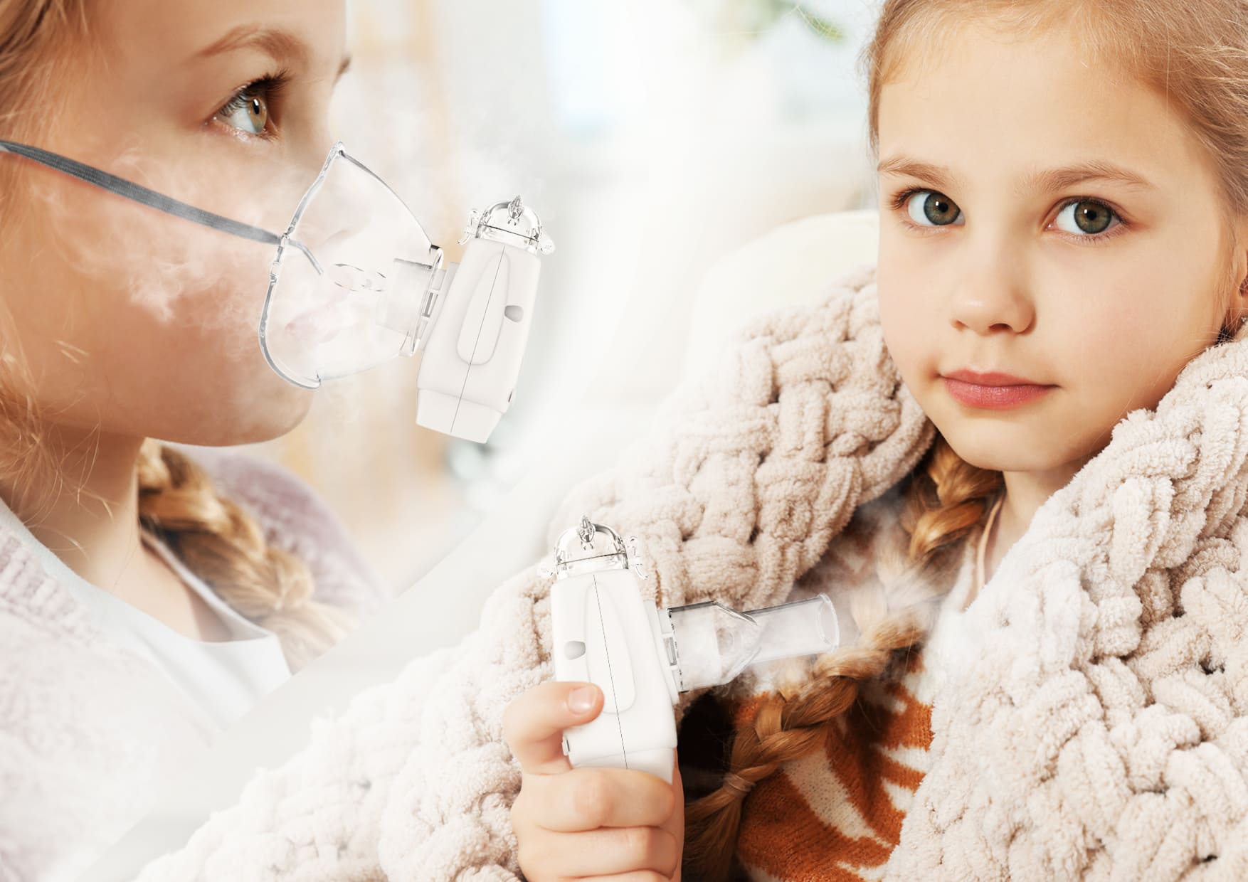 Dziewczynka korzystająca z nebulizatora Neno Atemo podczas inhalacji w domu.