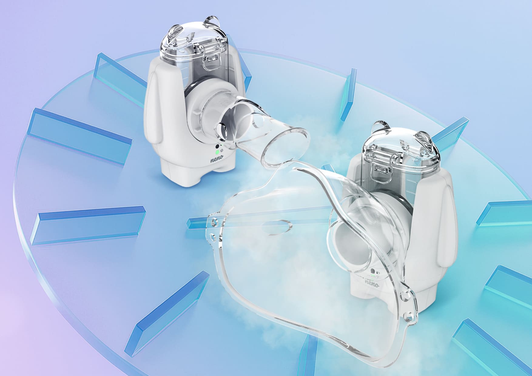 Dwa nebulizatory Neno Atemo z maseczką pokazane na niebieskim tle.