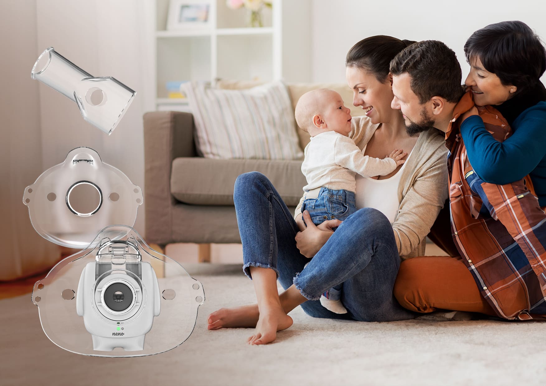 Rodzina z małym dzieckiem obok zestawu nebulizatora Neno Atemo.