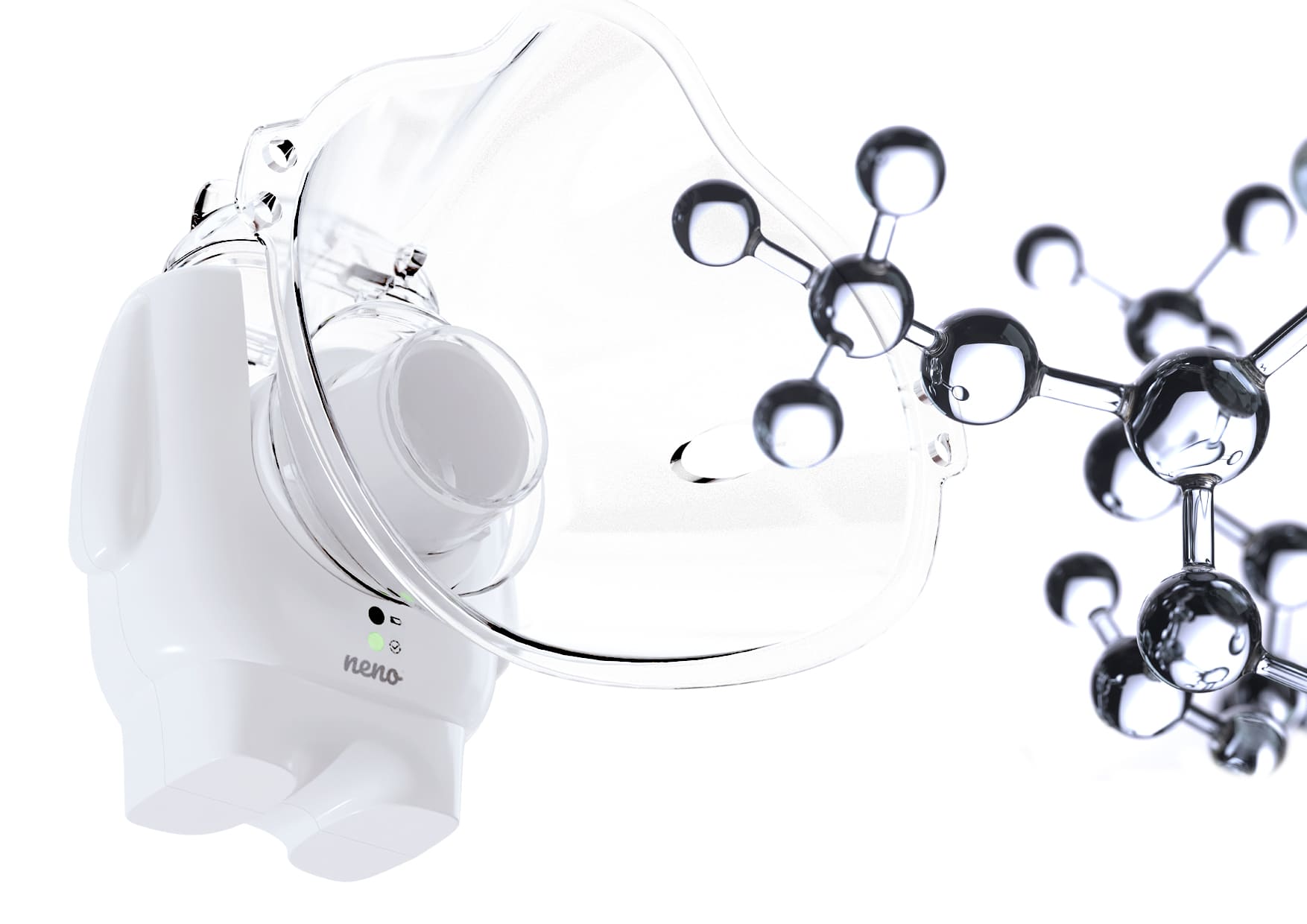 Nebulizator Neno Atemo z maseczką i wizualizacją cząsteczek pary na białym tle.