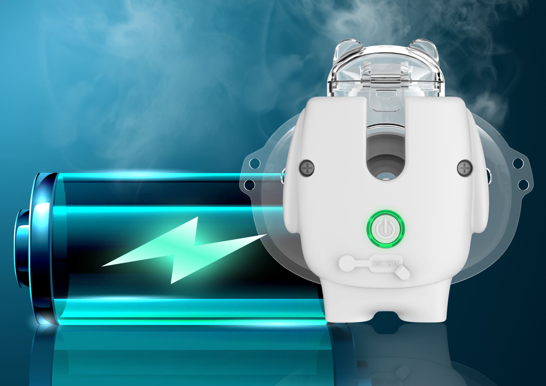 Nebulizator Neno Atemo z ikoną baterii symbolizującą długie działanie urządzenia.