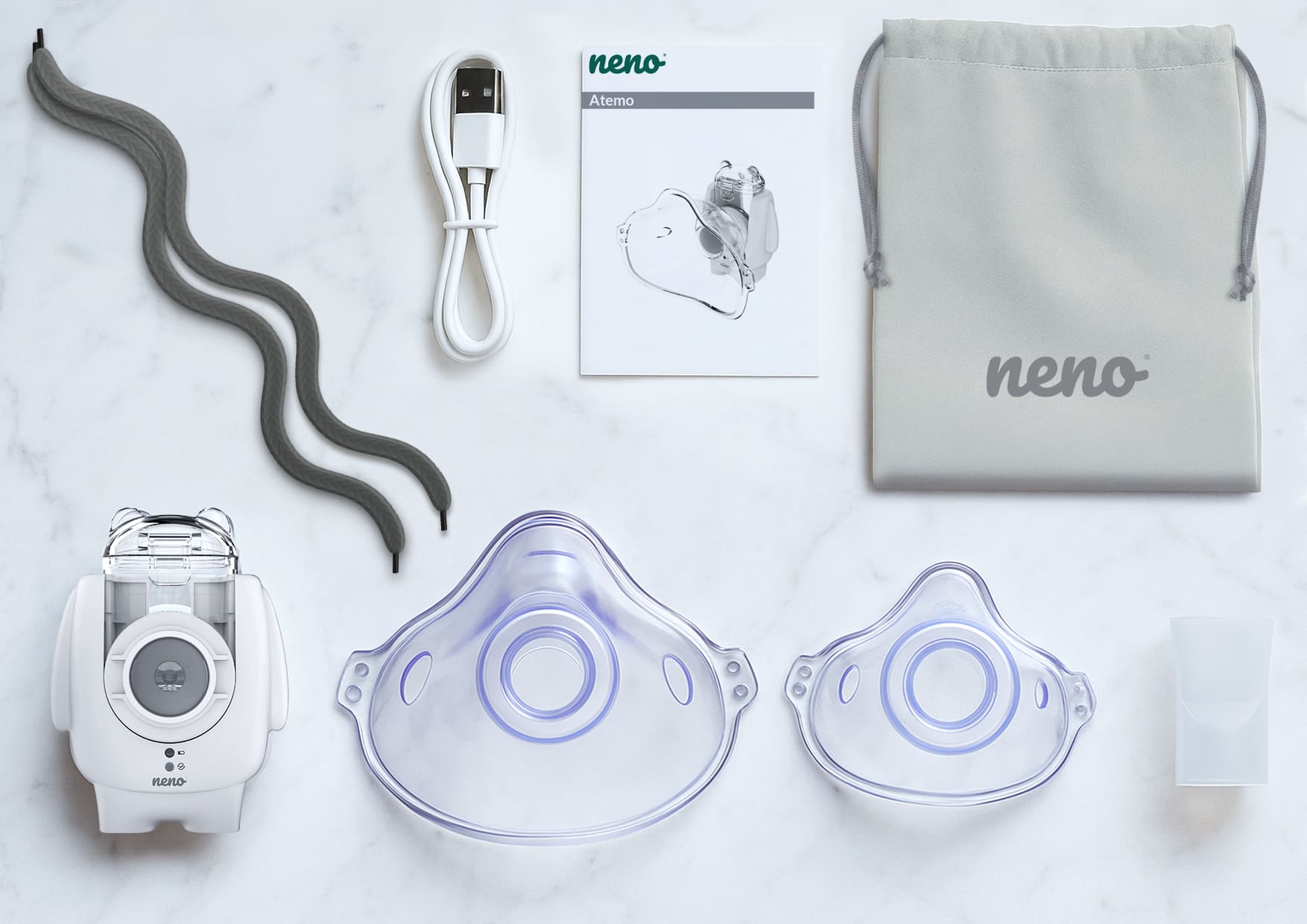 Zestaw nebulizatora Neno Atemo z akcesoriami: maseczkami, kablem, pokrowcem i instrukcją.