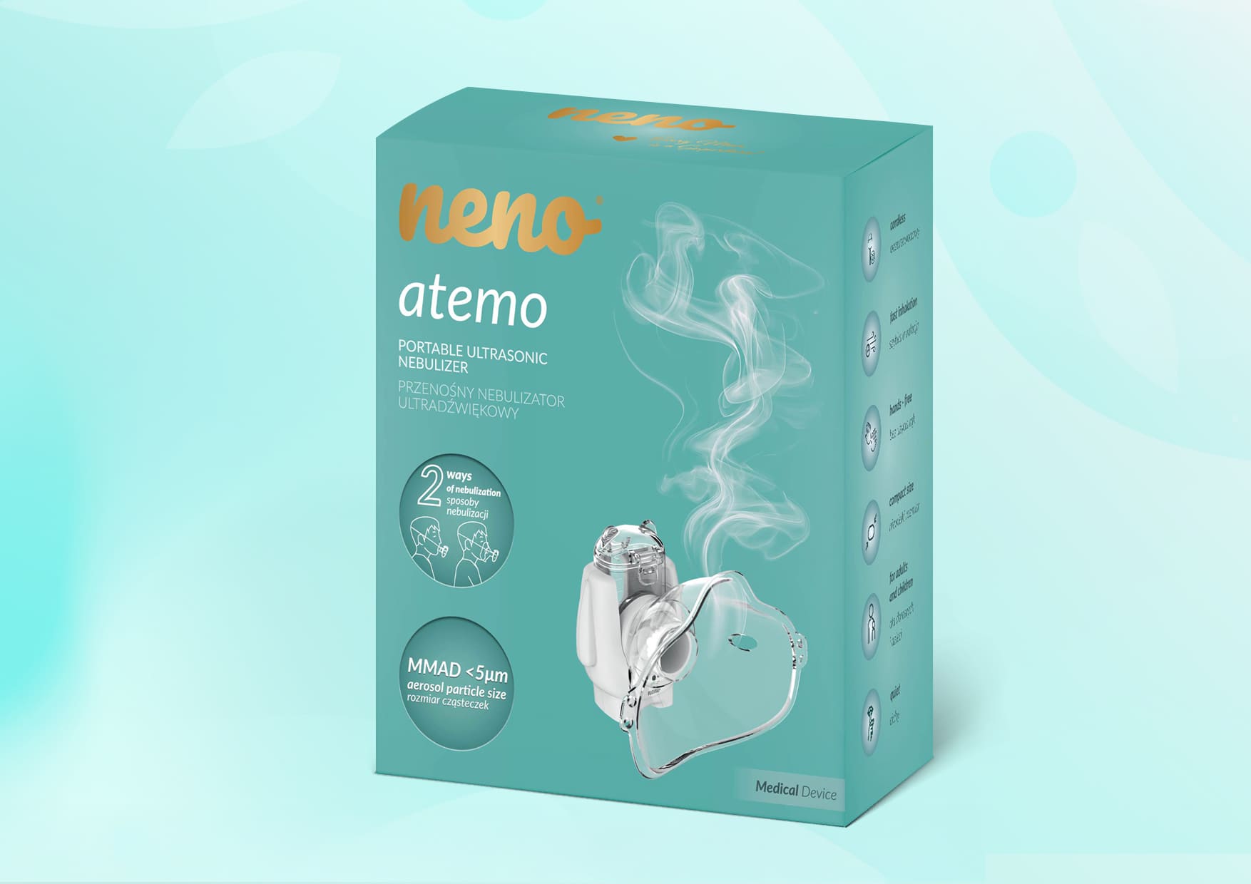 Opakowanie nebulizatora Neno Atemo z grafiką urządzenia i informacjami o produkcie.