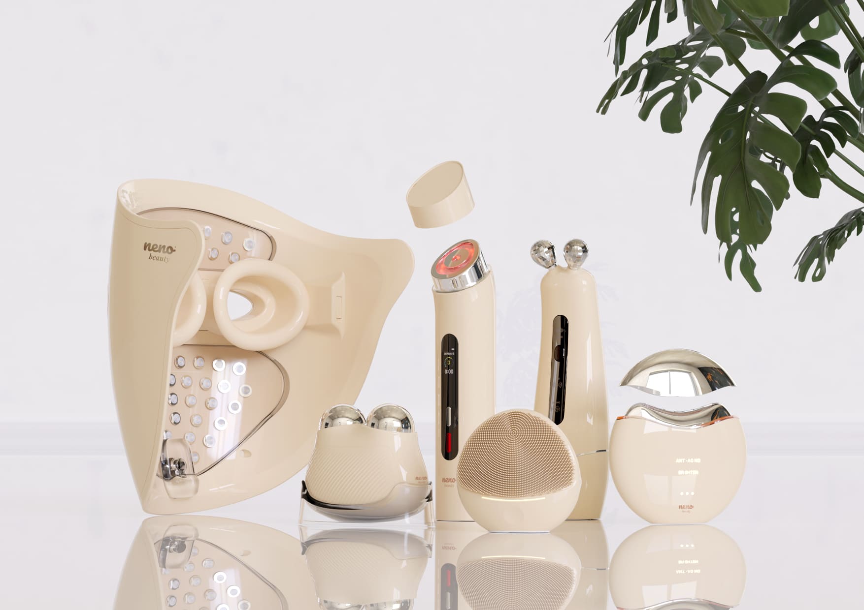 Zestaw produktów Neno Beauty ustawiony obok siebie — masażer, szczoteczka i akcesoria na jasnym tle.