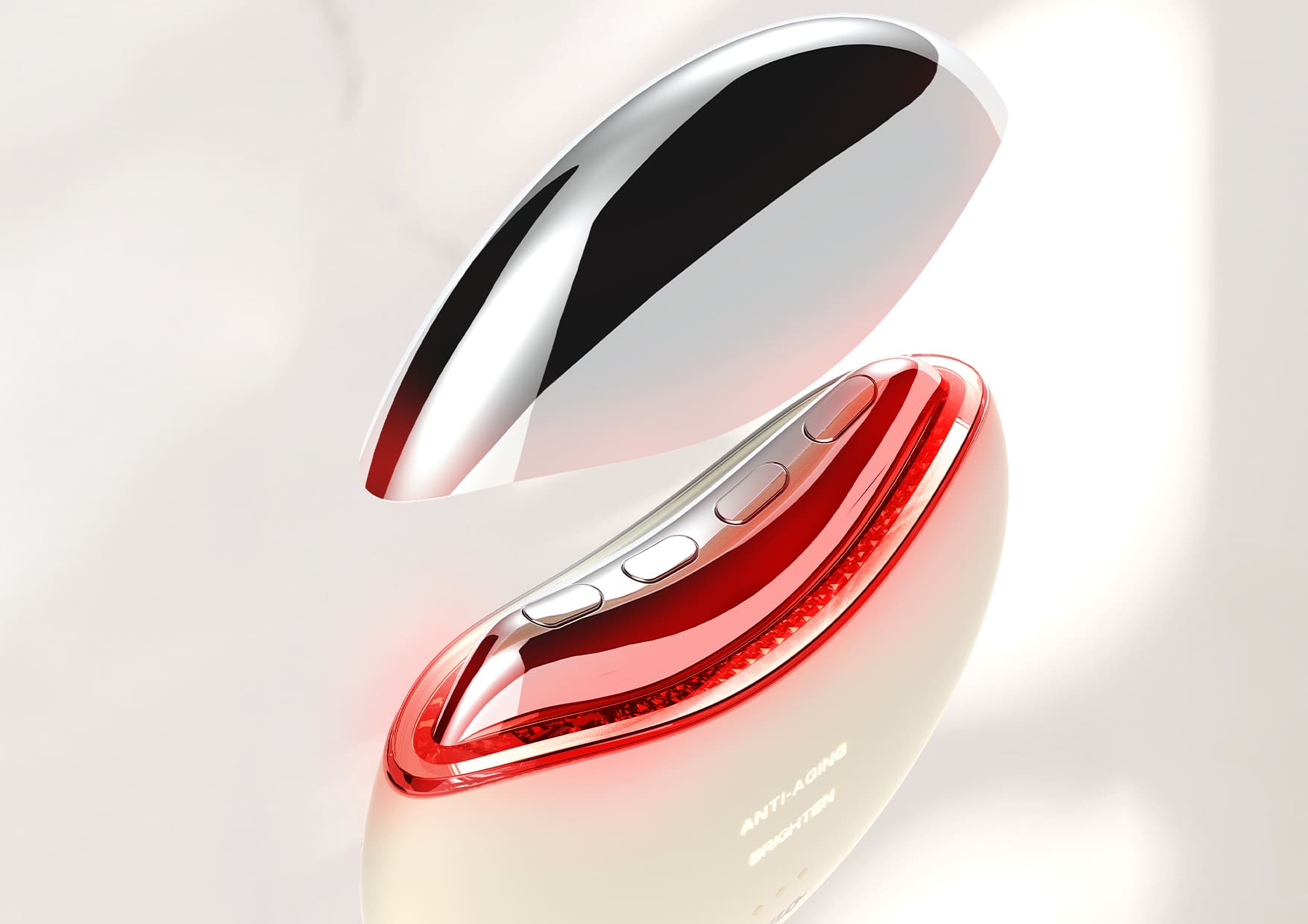 Zbliżenie na głowicę Auri z czerwonym światłem LED i ikonami funkcji (EMS, RF, wibracje).