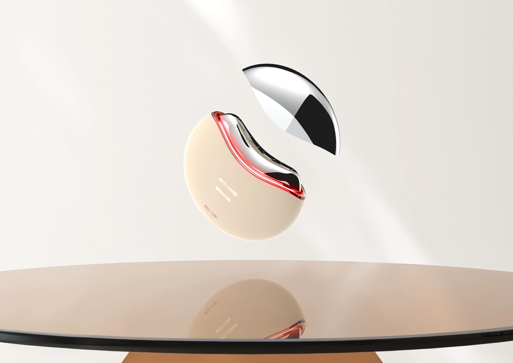 Masażer Auri w przekroju: widoczne czerwone LED, metaliczna końcówka i opis technologii 5w1.