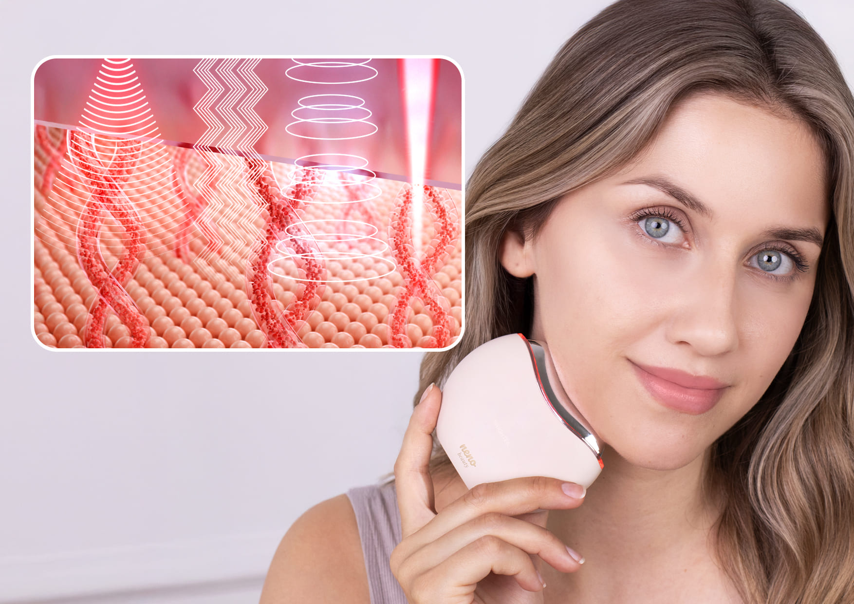 Ilustracja dwóch trybów (Brighten, Anti-aging) z modelką trzymającą urządzenie przy twarzy.