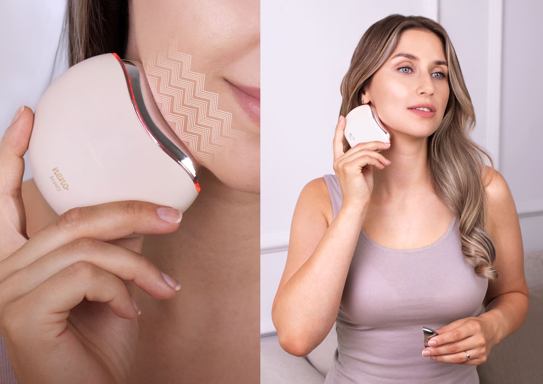 Dwie ujęcia: zbliżenie na wibracje soniczne na policzku oraz modelka stosująca masażer.