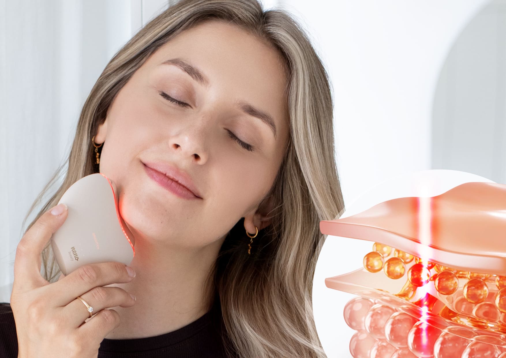 Kobieta używa Auri z czerwonym światłem LED; grafika pokazuje wpływ światła 620 nm na skórę.