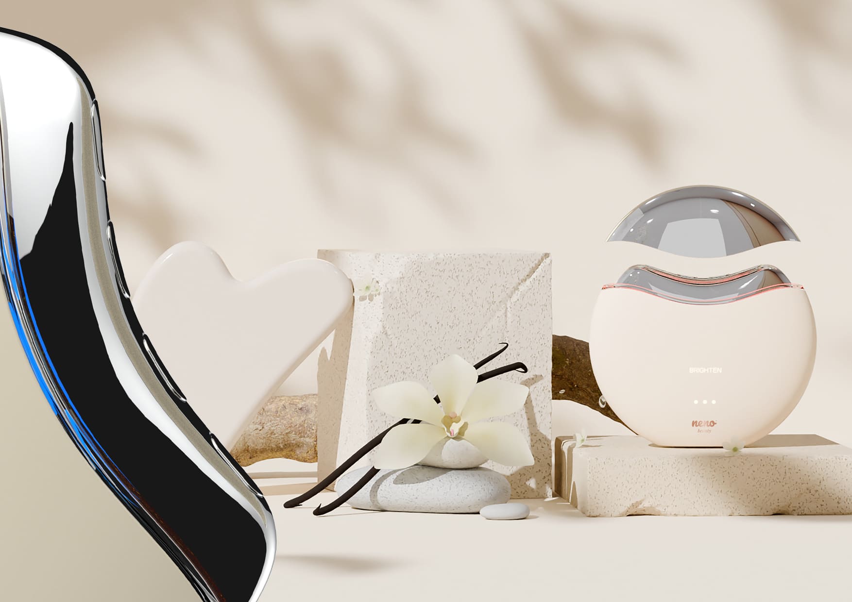 Masażer ustawiony obok lustra i dekoracji, pokazujący ergonomiczny kształt przypominający Gua Sha.