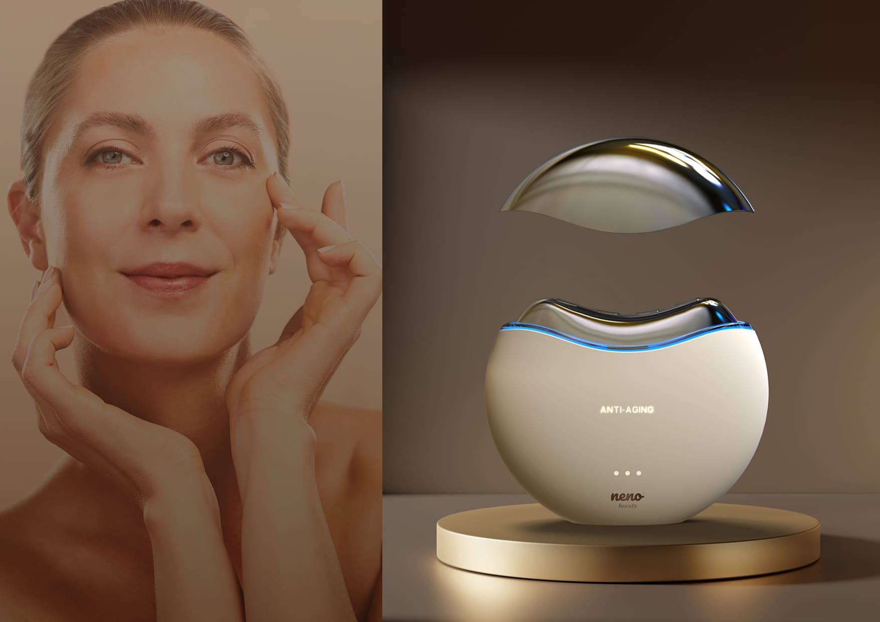 Produkt stojący pionowo z napisem „Anti-aging”; schemat pokazuje połączenie RF i wibracji.