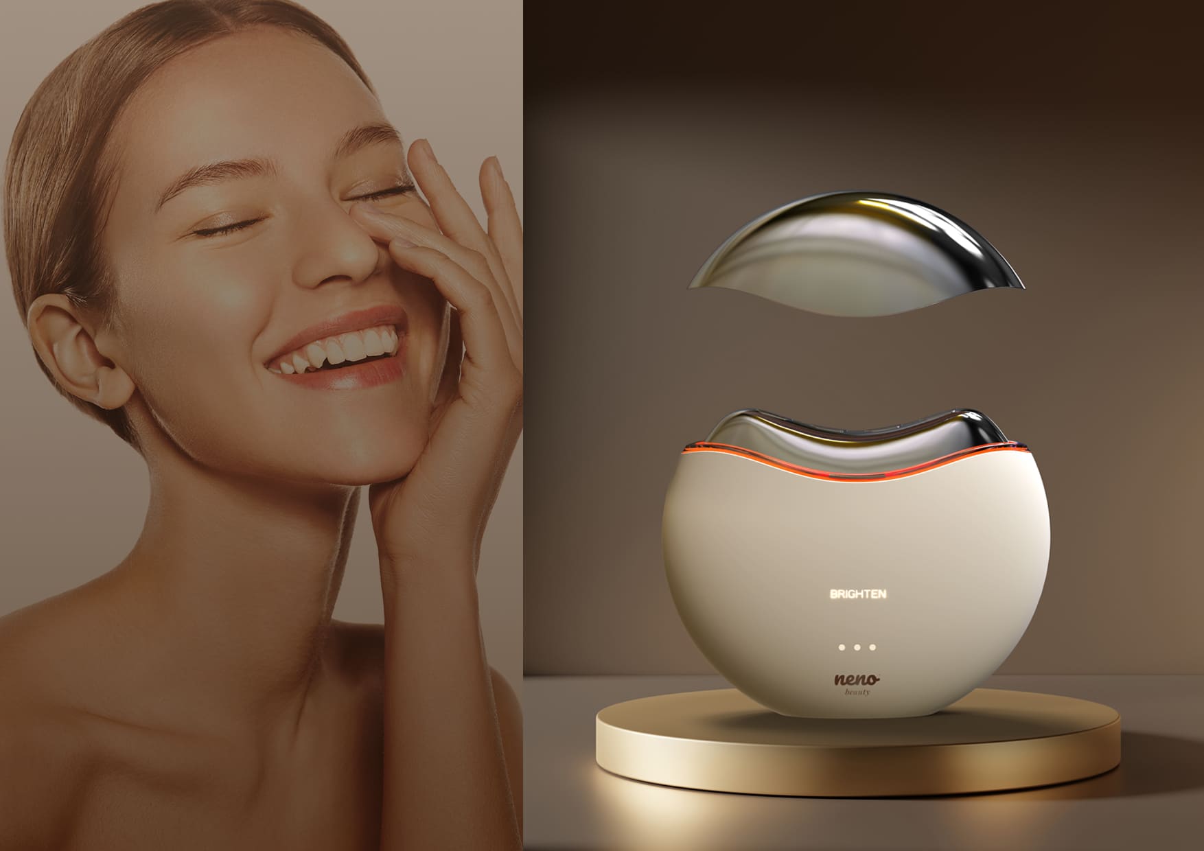 Masażer w trybie Brighten z podświetleniem; ikony EMS, RF, wibracje soniczne i Red LED.