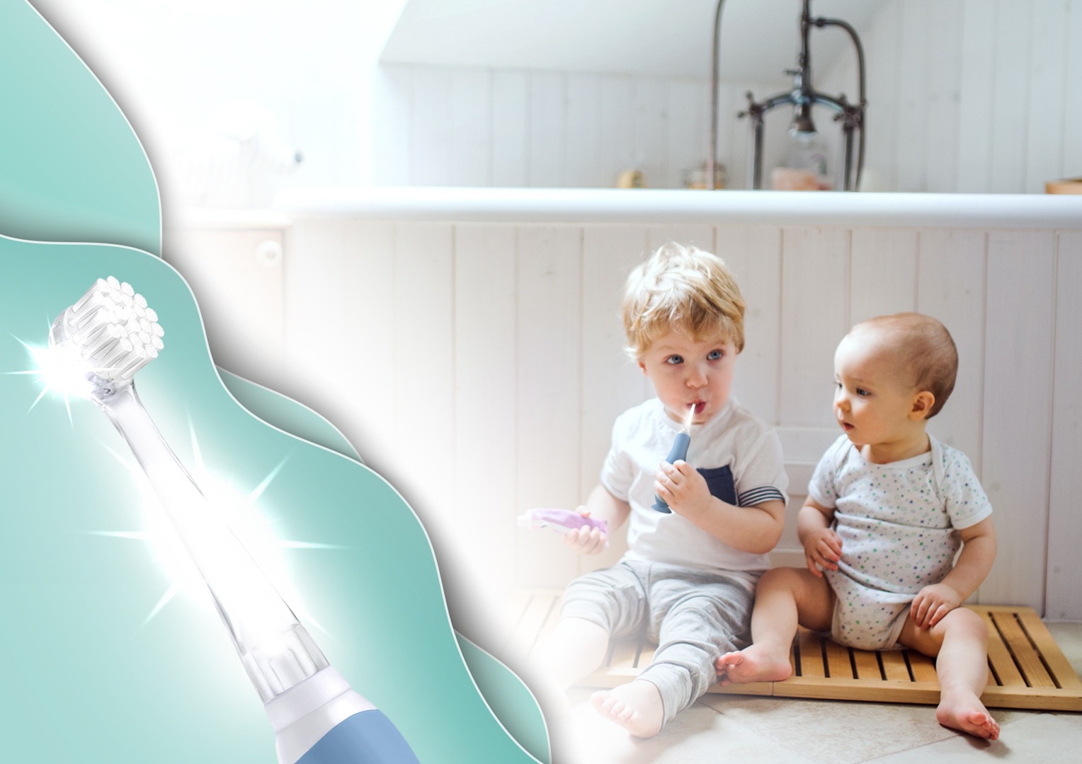 children brushing their teeth in the bathroom with Neno Denti