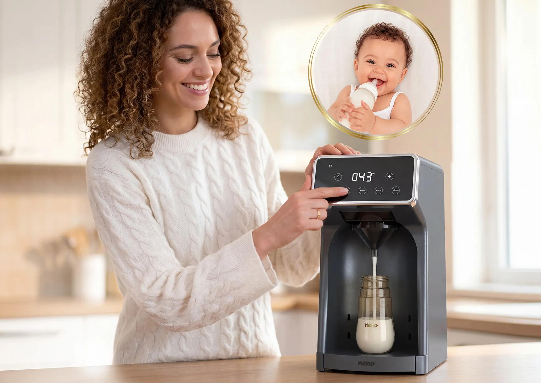Mama przygotowująca mleko w ekspresie Neno Lente i zadowolone dziecko z butelką