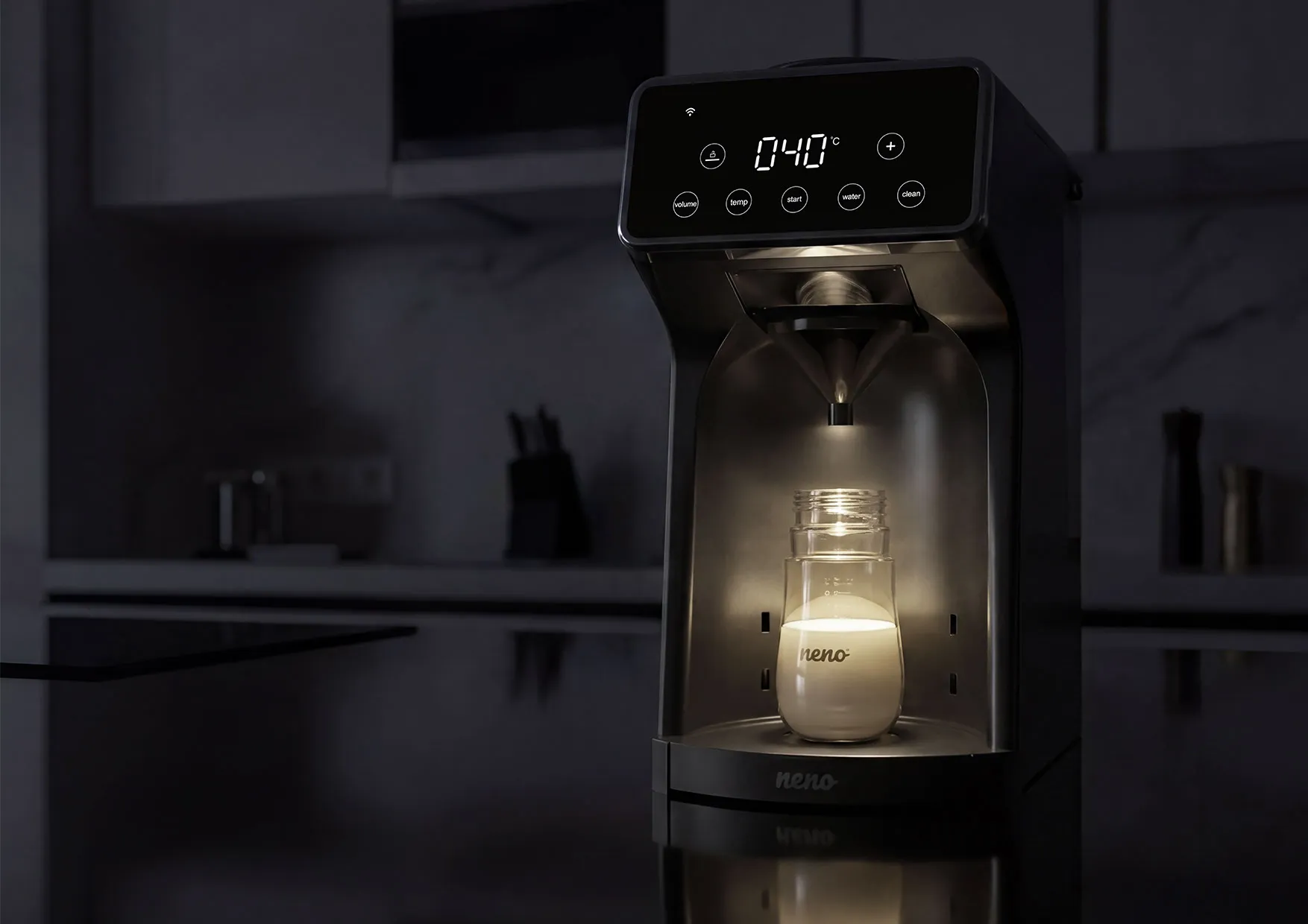 Podświetlenie LED ekspresu Neno Lente podczas nocnego przygotowywania mleka