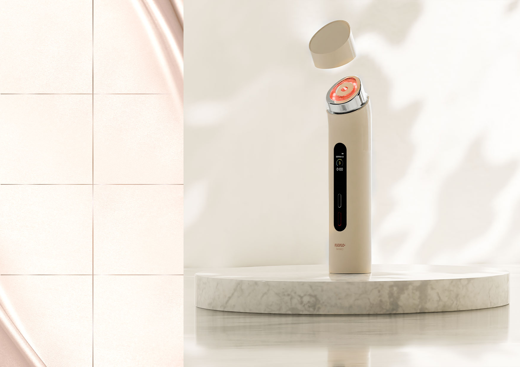 Neno Beauty Luve – masażer do twarzy z czterema trybami pracy, zaprezentowany w eleganckiej aranżacji na stoliku kosmetycznym.