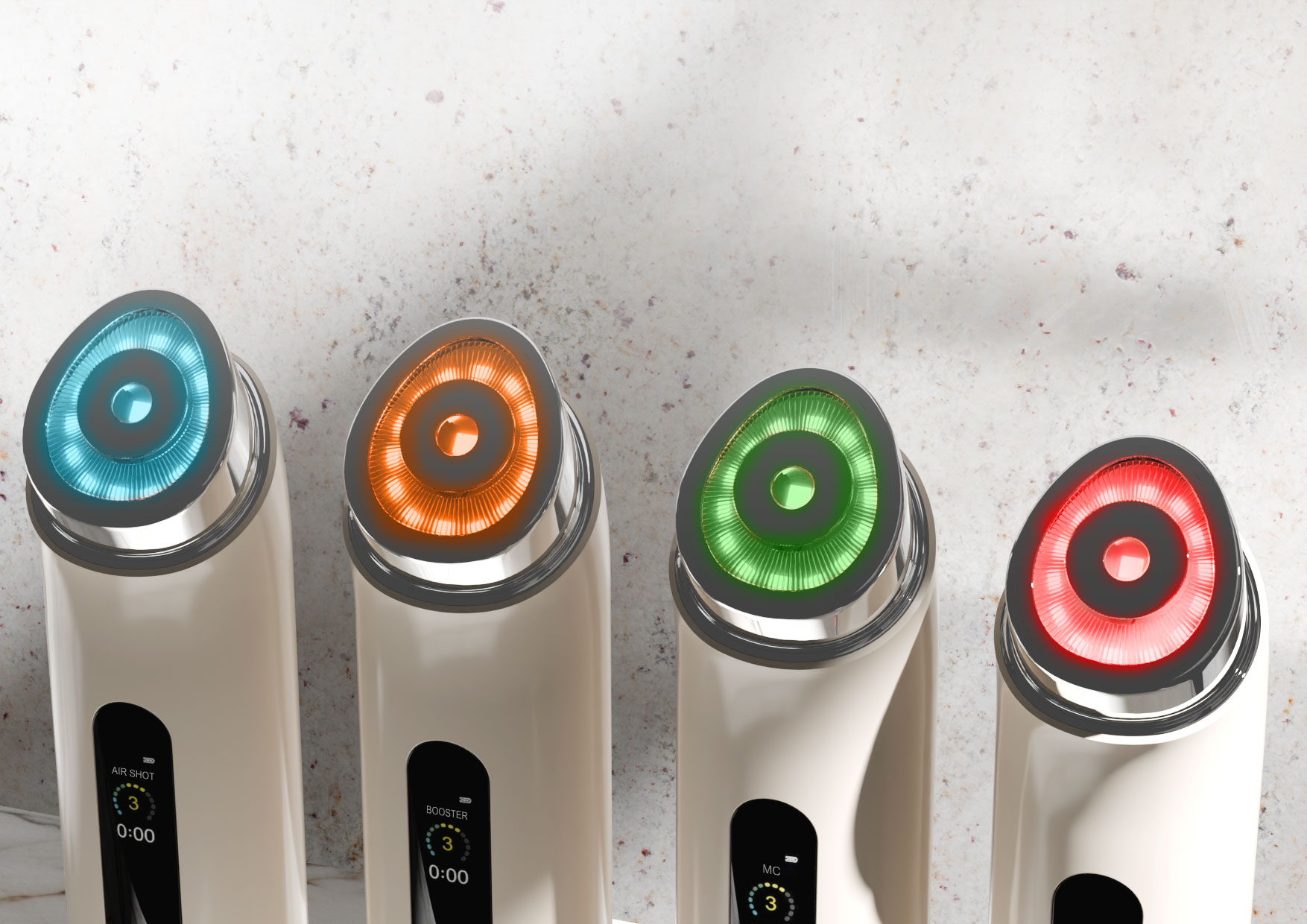 Profesjonalna pielęgnacja w domu z Neno Beauty Luve – prezentacja czterech trybów urządzenia: Air Shot, Booster, MC i Derma Shot z kolorowym podświetleniem LED.