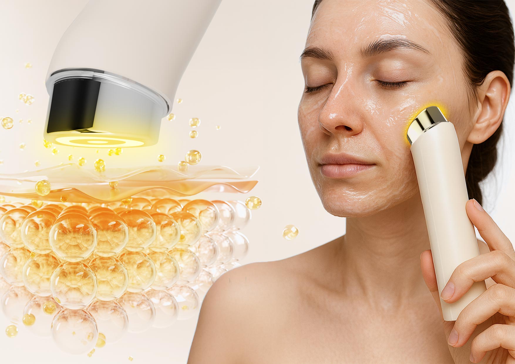 Elektroporacja w Neno Beauty Luve – urządzenie przykładane do skóry twarzy, prezentujące technologię zwiększającą wchłanianie składników aktywnych.