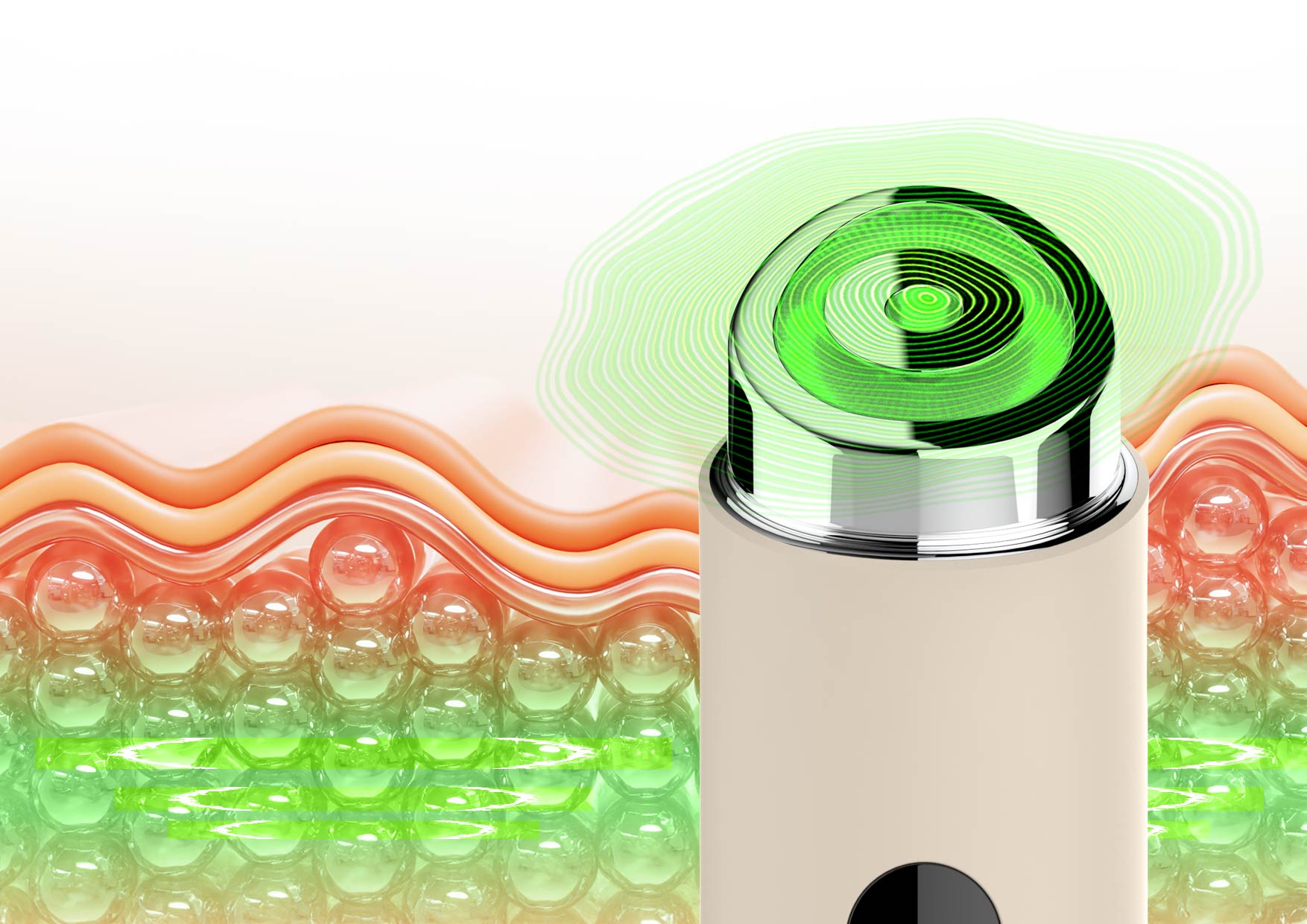 Mikroprądy Neno Beauty Luve – wizualizacja stymulacji skóry zielonym światłem LED poprawiającej jędrność i elastyczność cery.