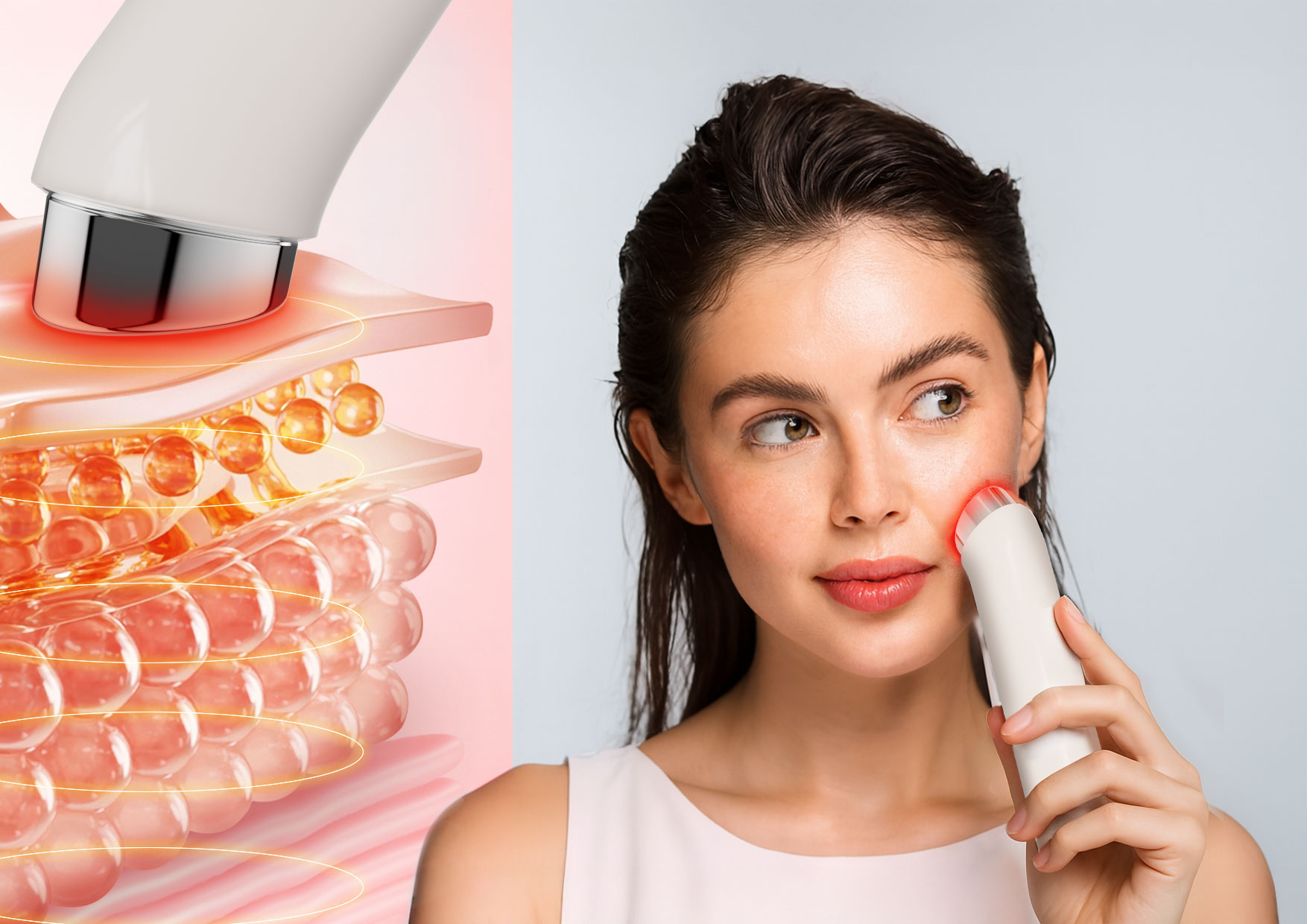 Technologia EMS Neno Beauty Luve – kobieta wykonuje masaż twarzy czerwonym światłem LED, pobudzając mięśnie i kontur twarzy.